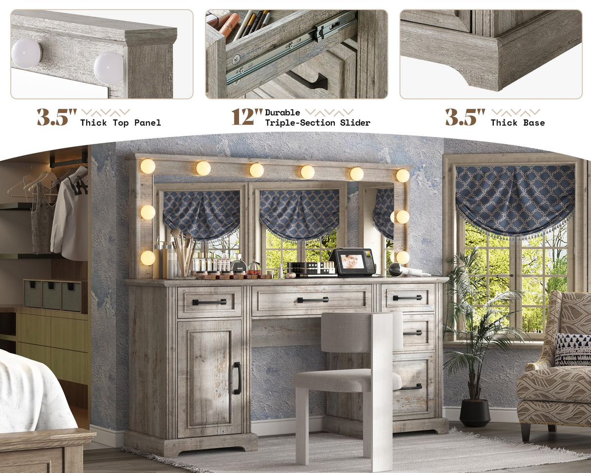 AMERLIFE 55.1" W Makeup Vanity with Hollywood Mirror, Glass Top Vanity with 5 Drawers & Adjustable Cabinet & Charging Station, 10 Detachable Light Bulbs, Bedroom/Salons, Light Oak AMERLIFE