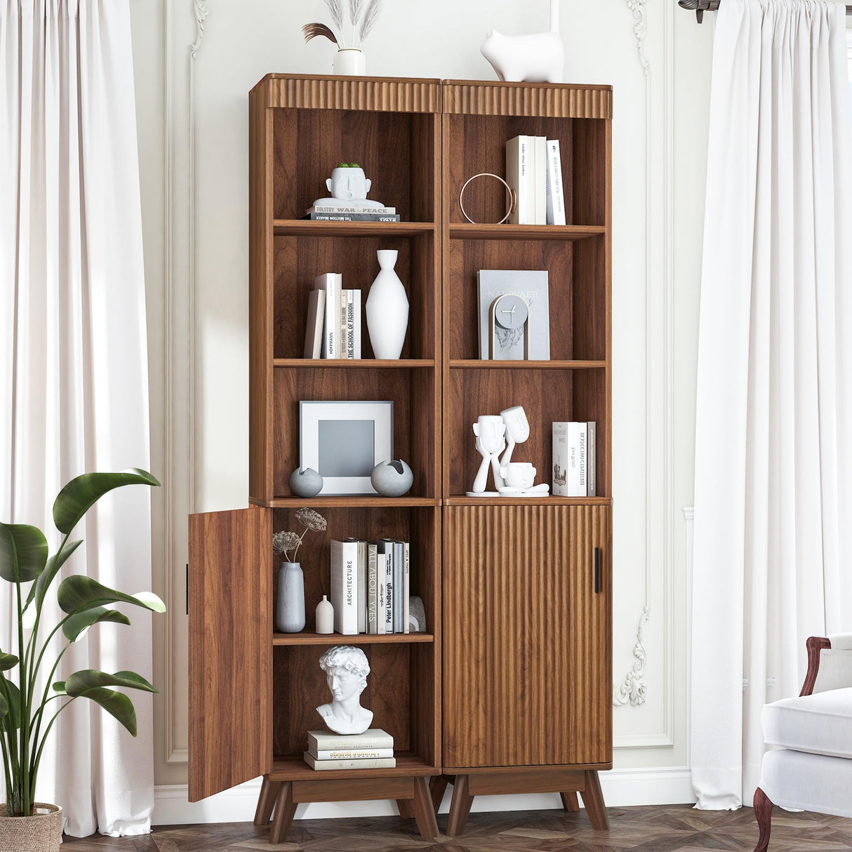 Bifins 68" Tall Bathroom Storage Cabinet,Narrow Fluted Tower Cabinet with Door and Shelves,Slim Space Saving Storage Unit for Bathroom Kitchen Living Room (Walnut, 11.8" D x 15.75" W x 68" H) Bifins