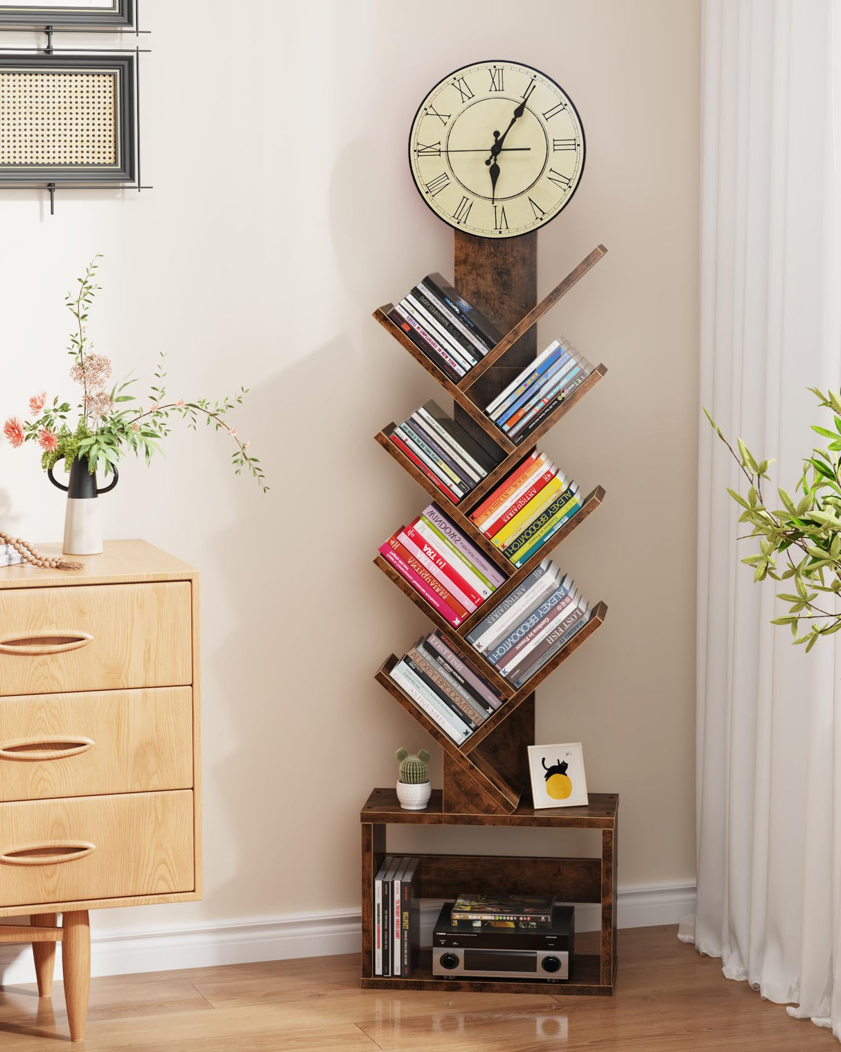 HIGDBFE 7 Tier Tree Bookshelf with Clock and Storage Cabinet, Small Narrow Floor Standing Bookcase for Bedroom, Living Room, Home Office, Rustic Brown HIGDBFE