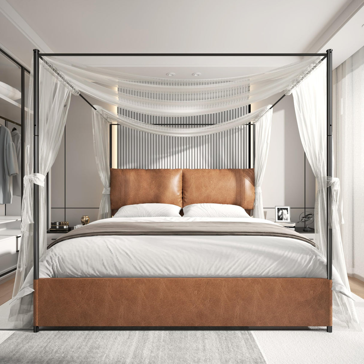 PAUKIN Canopy Bed Frame King Size with Upholstered Headboard, Sturdy and Stable, Easy to Assemble, Metal Bar Support, no Spring Mattress Required. (Brown, King) PAUKIN