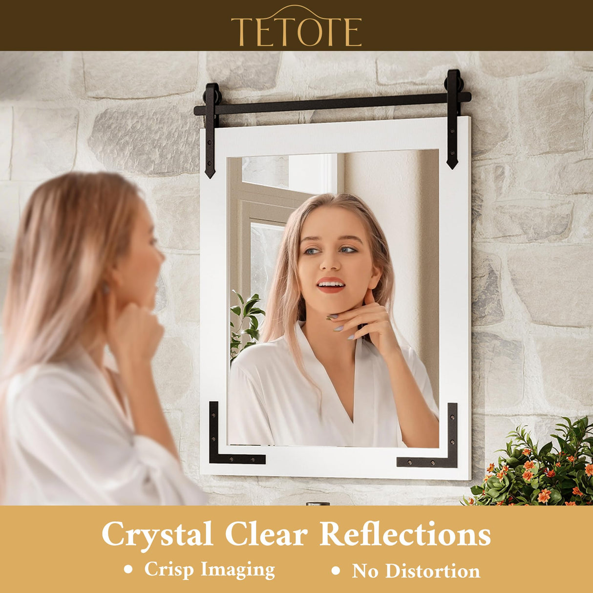 TETOTE Farmhouse Barn Door White Wood Mirror for Bathroom Wall 40” x 26” Waterproof Natural Solid Wooden Framed Rectangle Vanity Mirror Wall Mounted, Fully Assembled TETOTE