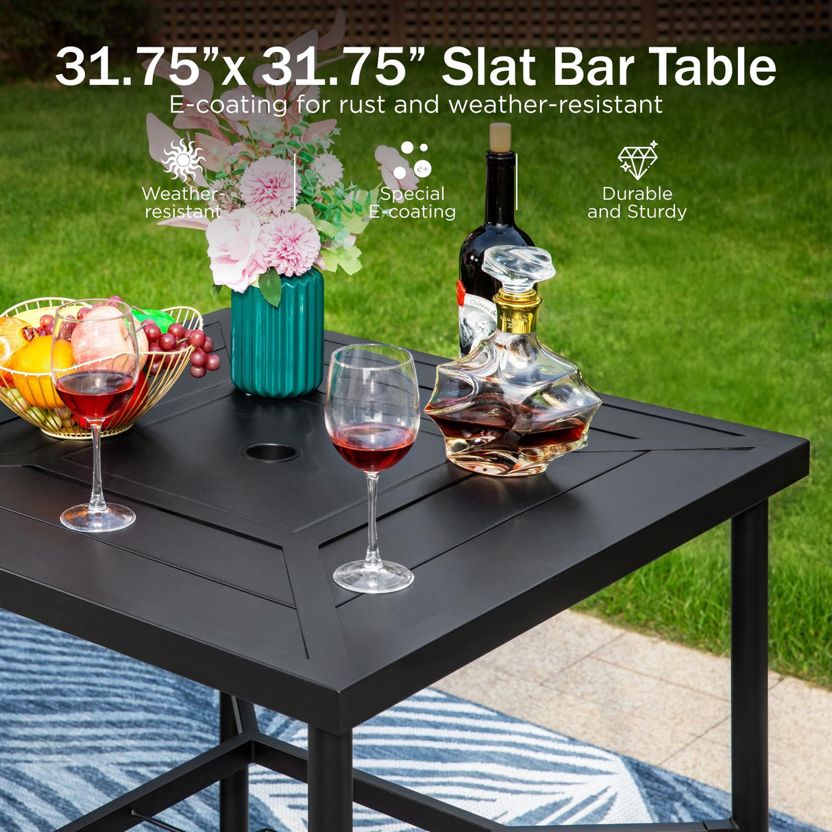 PHI VILLA 3 PCS Patio Bar Set, Bar Height Chair with 3.5" Thicker Cushion & Retro-Metal Square Table,Sturdy and Durable,Outdoor Height Bar Dining Set for Poolside,Yard PHI VILLA