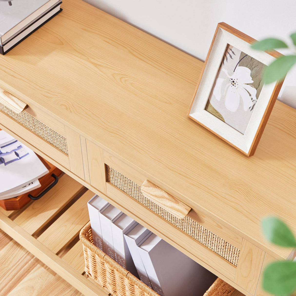 Yaheetech Rattan Console Table, Boho Entryway Table with Storage Drawers and Shelf, Long Hallway Table Foyer Table Sofa Table for Living Room, Corridor and Hallway, Natural Wood Yaheetech