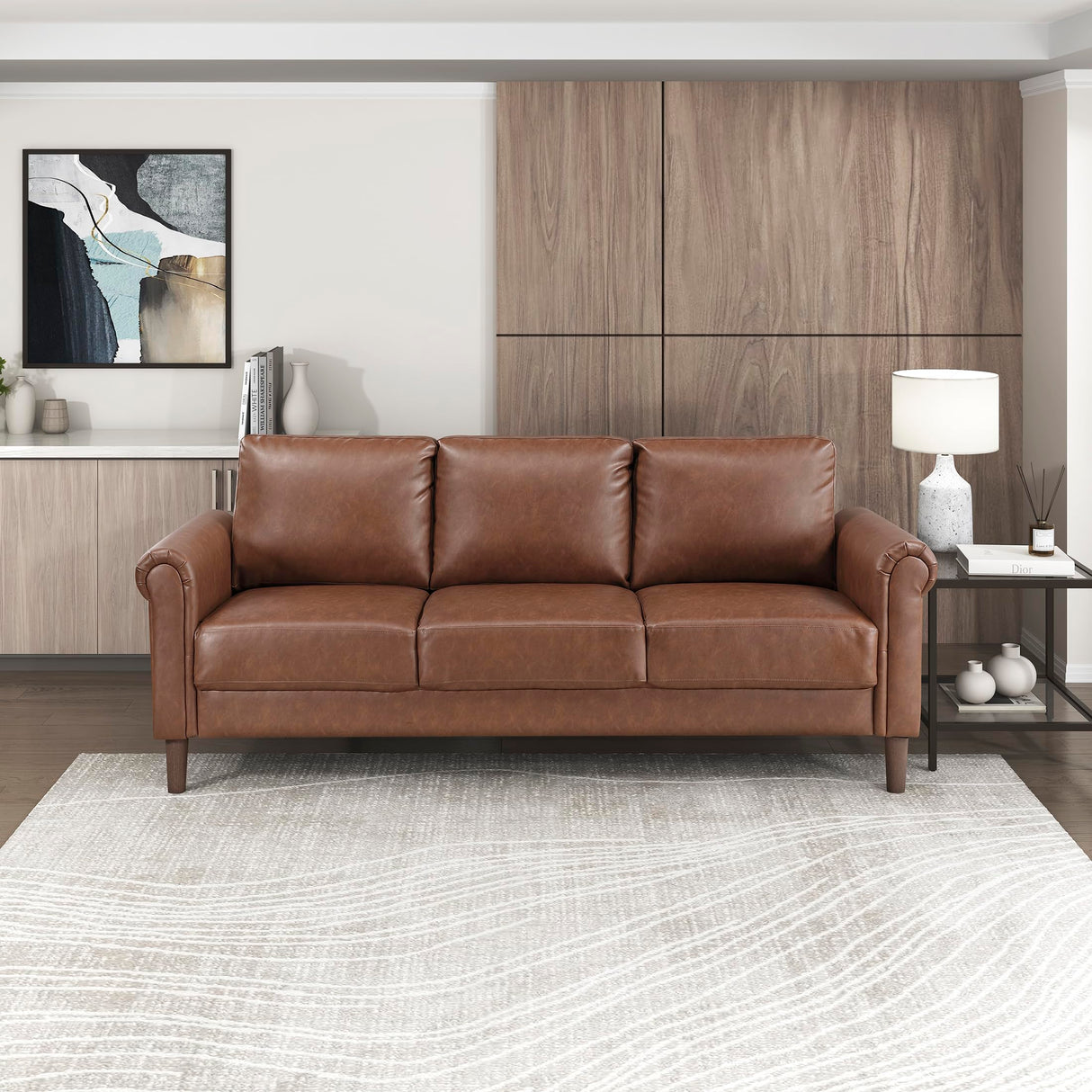 Lexicon 79" W Sofa Couch, Faux Leather Upholstered Couch, Sofa with Rolled Armrest for Bedroom/Office/Waiting Room, 3 Seater, Chocolate Lexicon