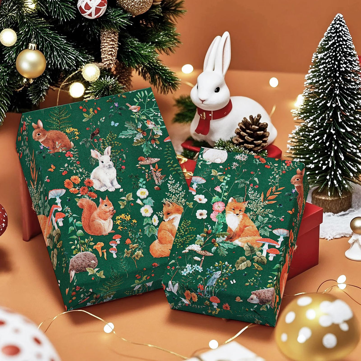WRAPAHOLIC Kraft Forest Animal Christmas Wrapping Paper - Mini Roll - 17 Inch x 16.5 Feet - Forest Animals Fox Wrapping Paper with Flowers Design for Christmas Holiday, Party Celebration WRAPAHOLIC
