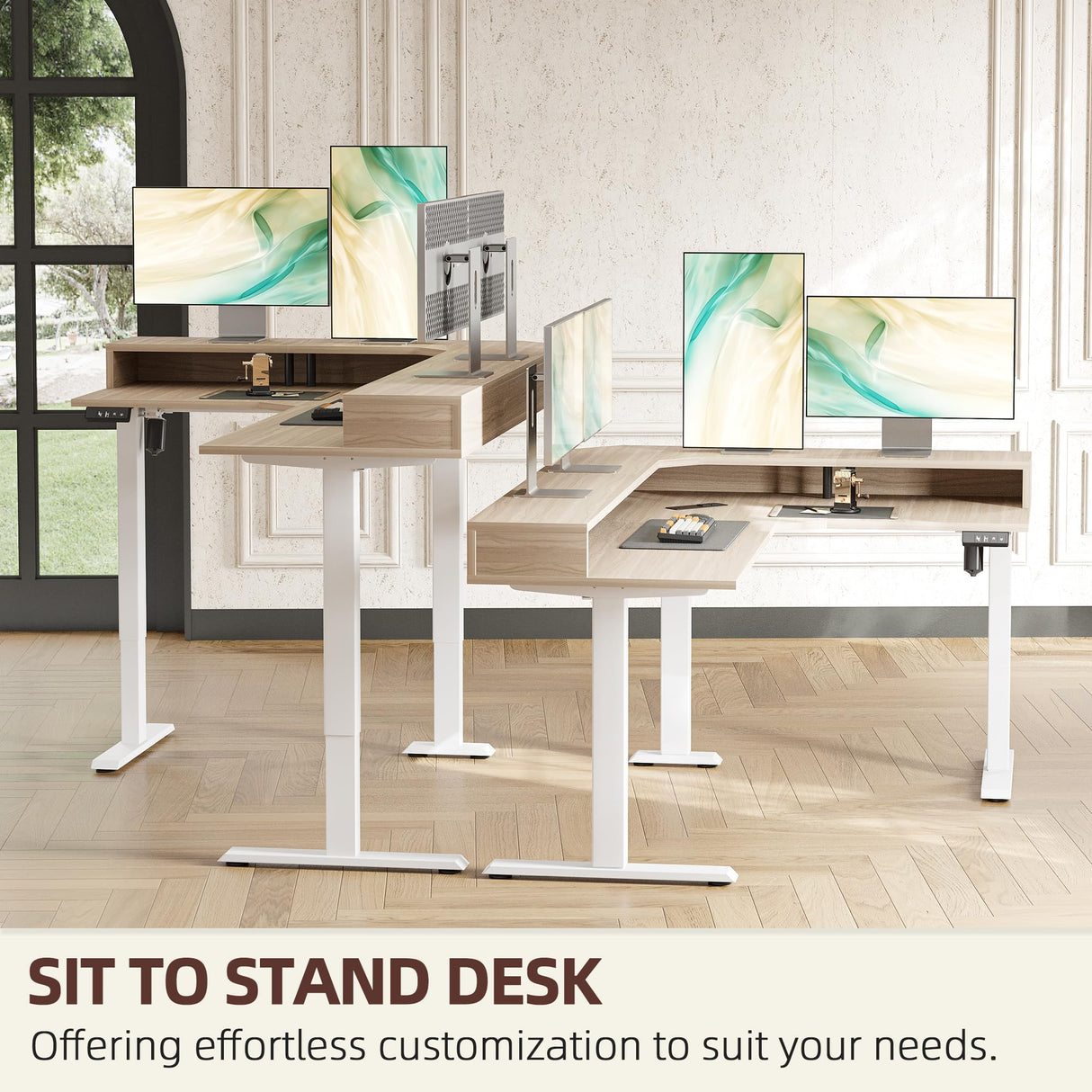 TIQLAB 63'' L-Shaped Standing Desk with LED Light Strip and Power Outlet, Height Adjustable Corner Table with Ergonomic Monitor Stand, Light Walnut TIQLAB