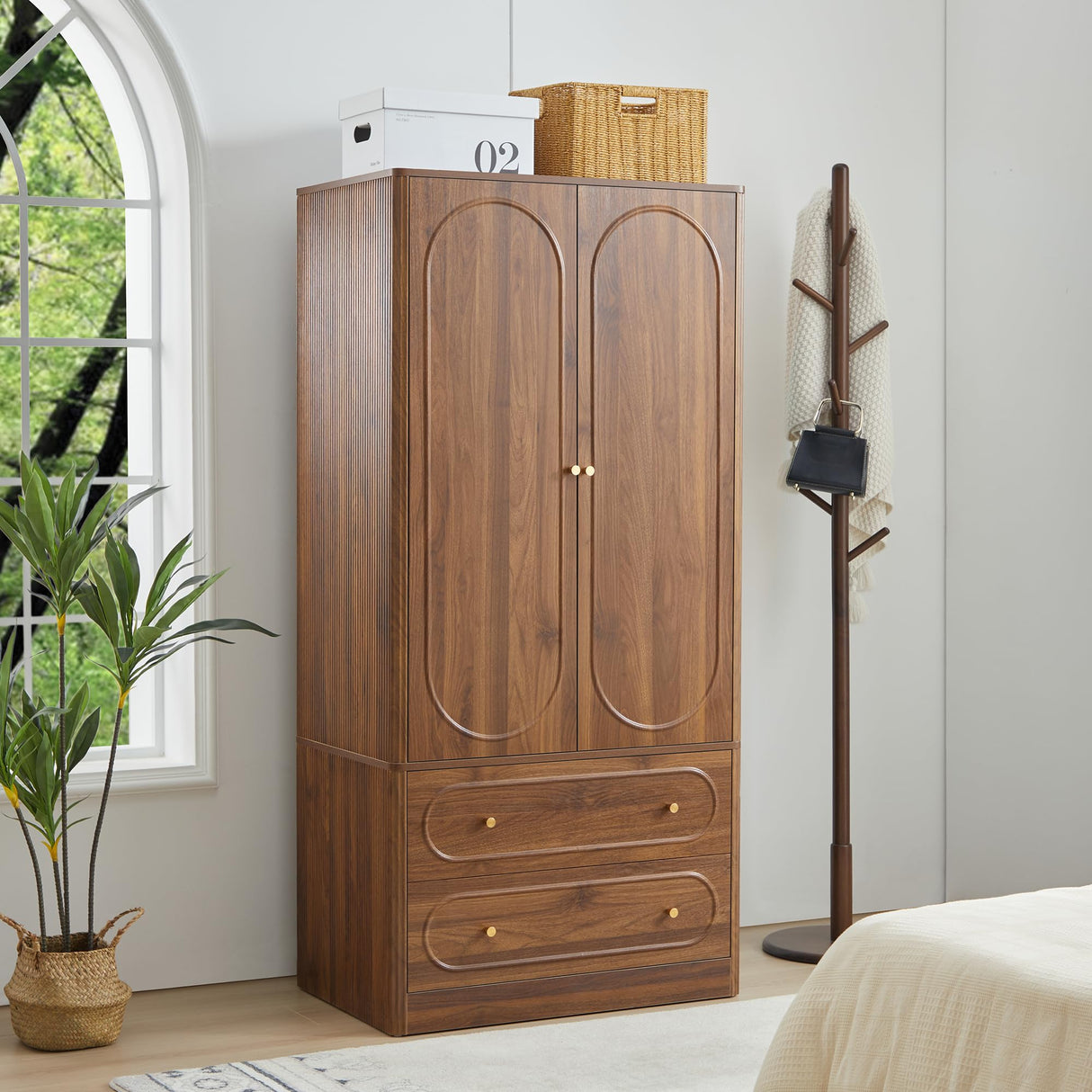 Fluted Freestanding Armoire Wardrobe Closet with 2 Doors and 2 Storage Drawers, Large Capacity Wardrobe Cabinet, Wooden Closet for Bedroom, Living Room - Walnut ORRD