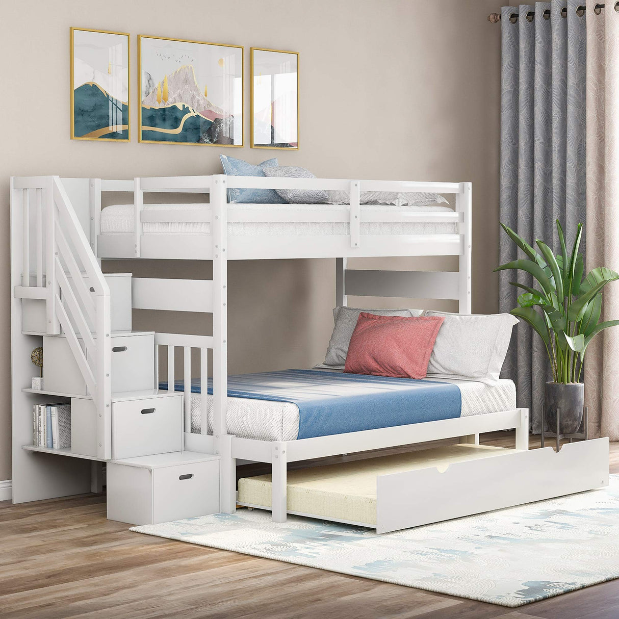 Twin over Full Bunk Bed with Trundle, Wood Bunk Bed with Storage Cabinet and Drawers, Convertible Bunk Beds Twin over Full Size Split into 3 Beds for Kids, Teens, Adults, Noise-reduced, White Harper & Bright Designs