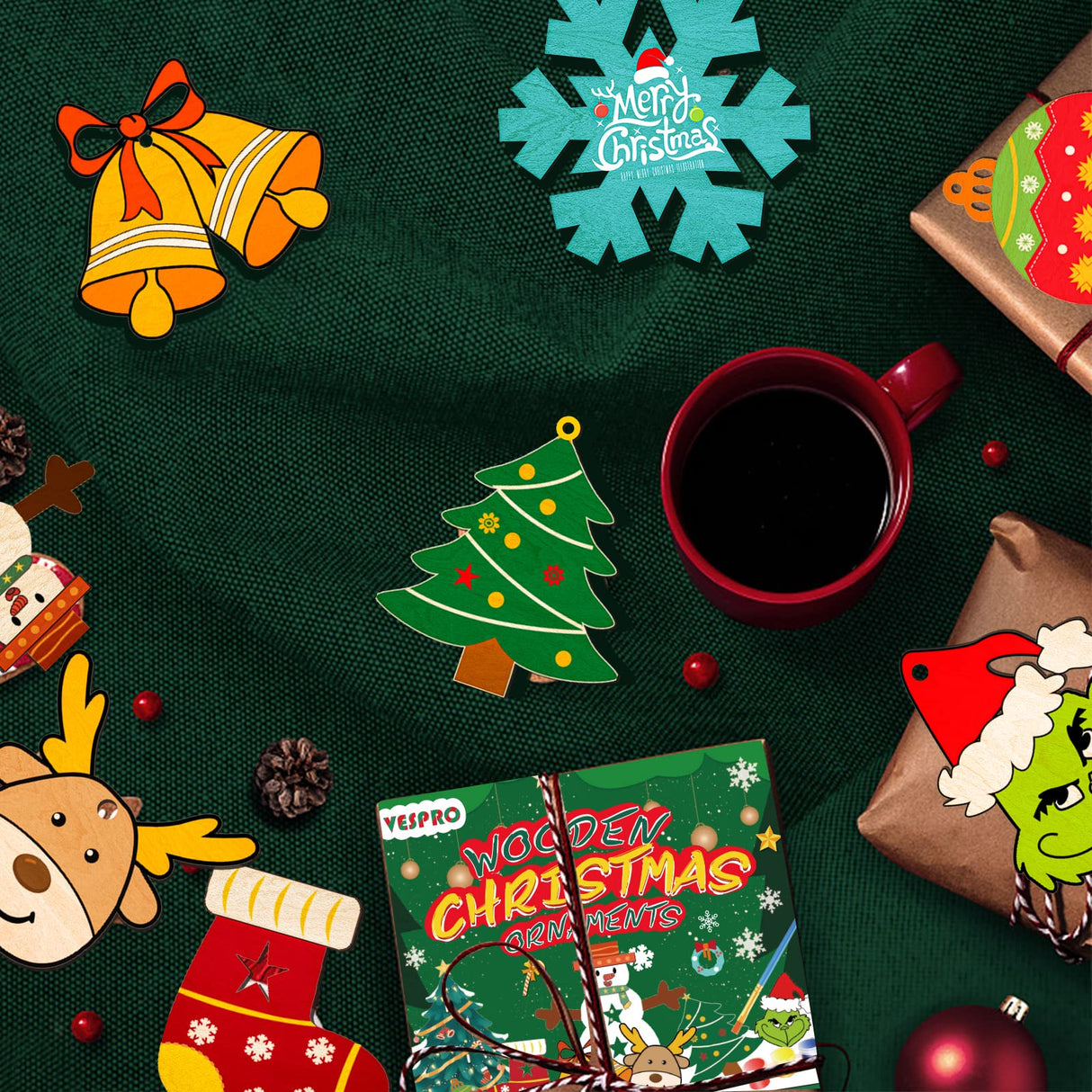 104PCS Wooden Christmas Ornaments Craft Kits Include 40PCS Unfinished Wood Slices with 8 Styles,Xmas Tree Hanging Decorations DIY Craft for Kids to Paint VESPRO