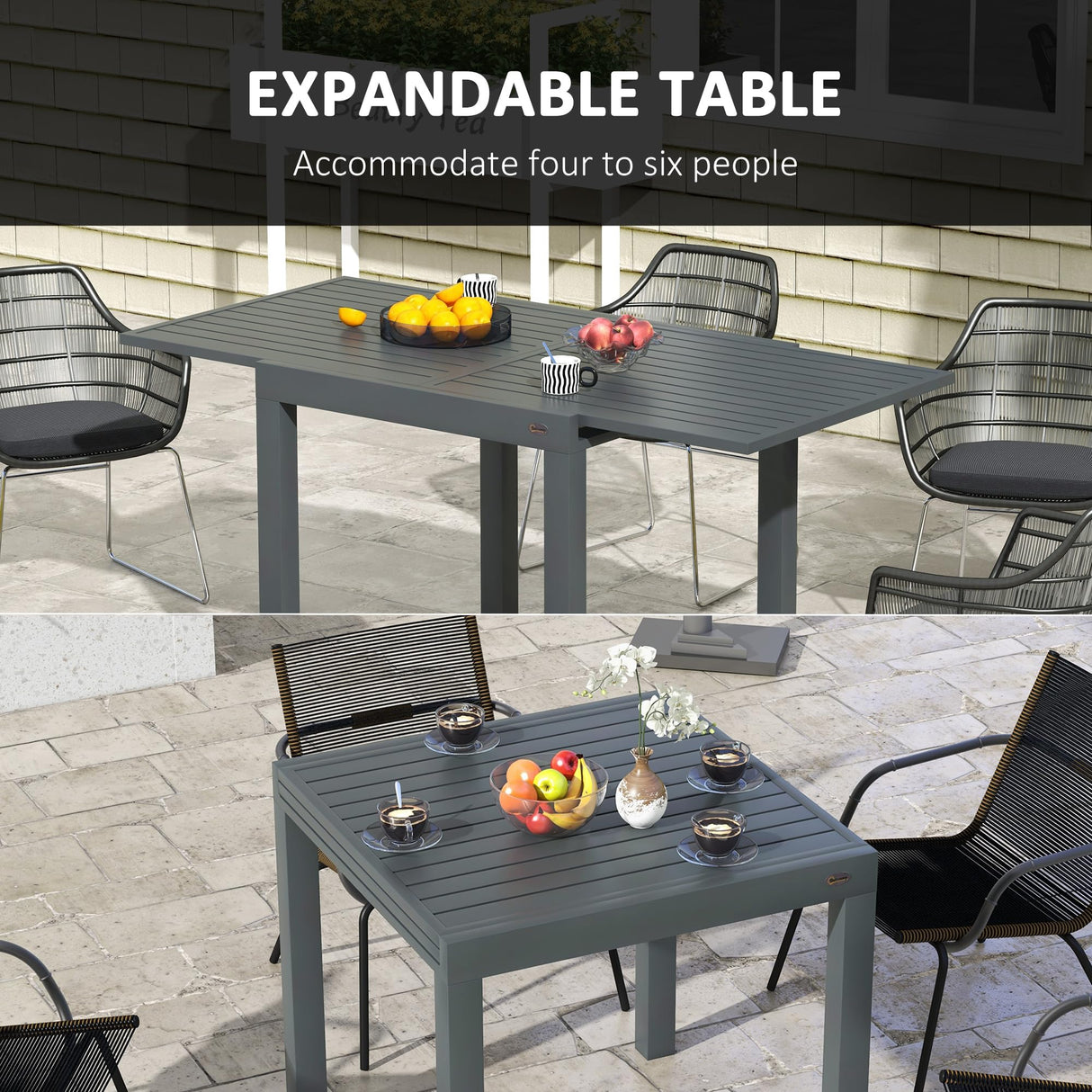 Outsunny Expandable Patio Dining Table for 4-6, 35.5" -70.75" Aluminum Extendable Outdoor Dining Table, Square/Rectangular Patio Table for Garden, Backyard, Poolside, Deck, Gray Outsunny
