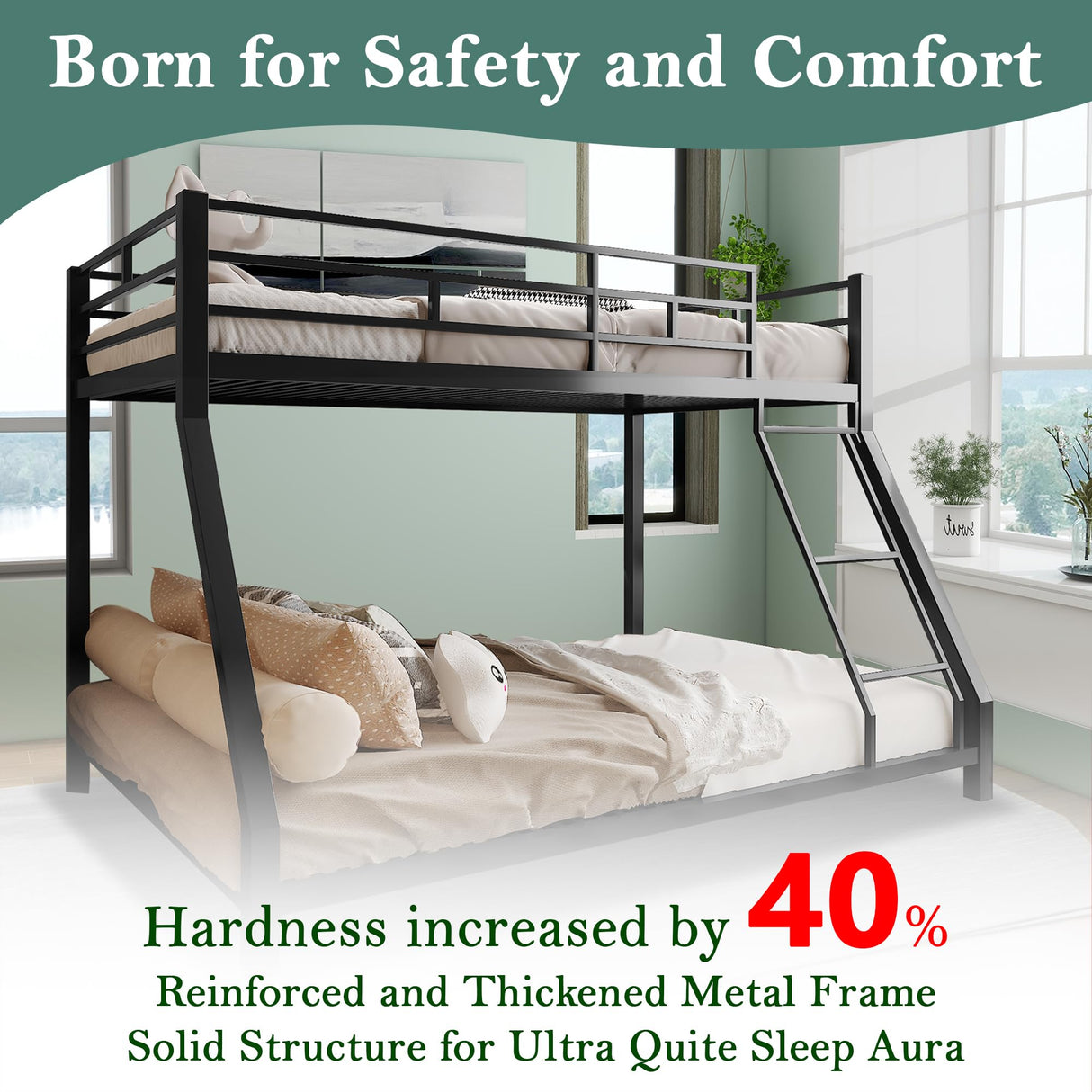 Cyranture Bunk Bed Twin Over Full Size, Twin Over Full Bunk Beds with Ladder & Guardrail Heavy Duty Bunk Beds Frame for Teens Adults Dorm Bedroom Guest Room, No Box Spring Needed(Black) Cyranture
