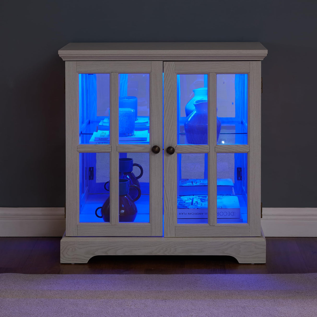 KEIKI Curio Cabinet, Lighted Glass Display Cabinet w/ 2 Glass Doors & Adjustable Shelves, Lighted Showcase with LED Light Strip, White KEIKI