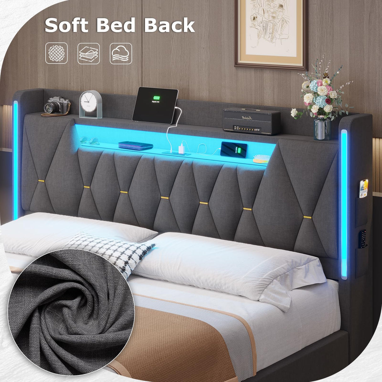 BYSAUD King Size Bed Frame with LED Lights & Charging Station, LED King Bed with Hidden Space and 2-Tier Shelves, Upholstered Metal Bed Frame with Headboard, No Box Spring Needed, Dark Gray, Linen BYSAUD