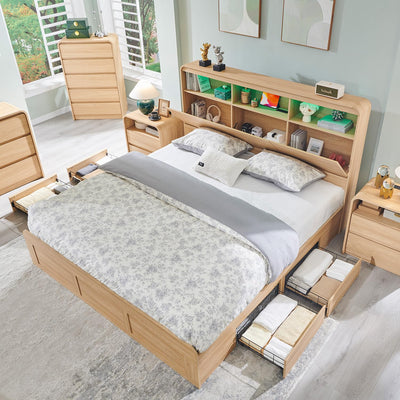 Aitjunz Modern King Size Bed Frame with 50" Tall Storage Headboard, Wood King Size Platform Bed Frame w/4 Drawers, Curved Profile Design,LED Light, Charging Station,No Box Spring Needed, Natural Oak