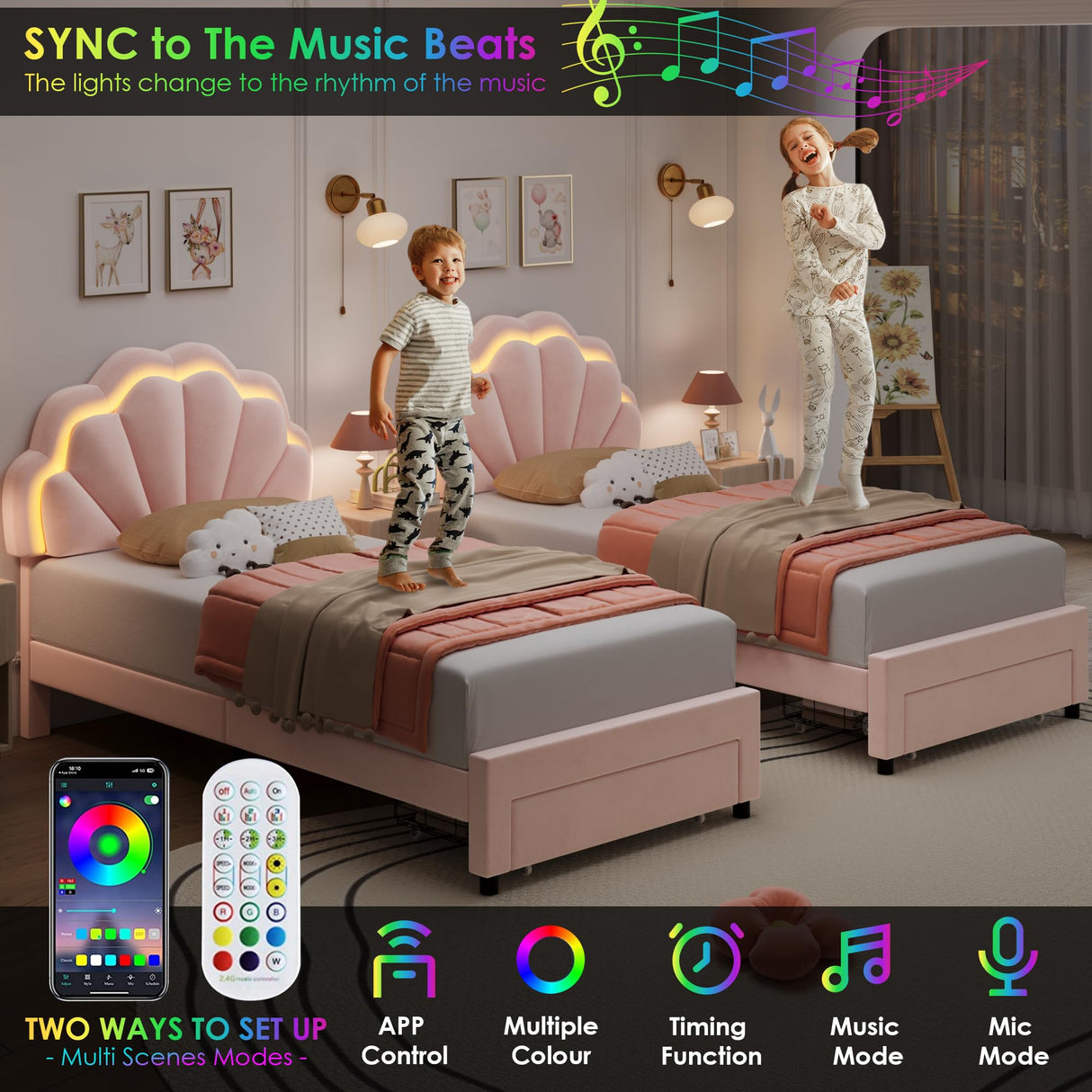 HIFIT Twin Upholstered Smart LED Bed Frame with Storage Drawer and Adjustable Chic Double Petal Headboard, Princess Platform Bed for Girls/Kids, Solid Wood Slats Support, No Box Spring Needed, Pink HIFIT