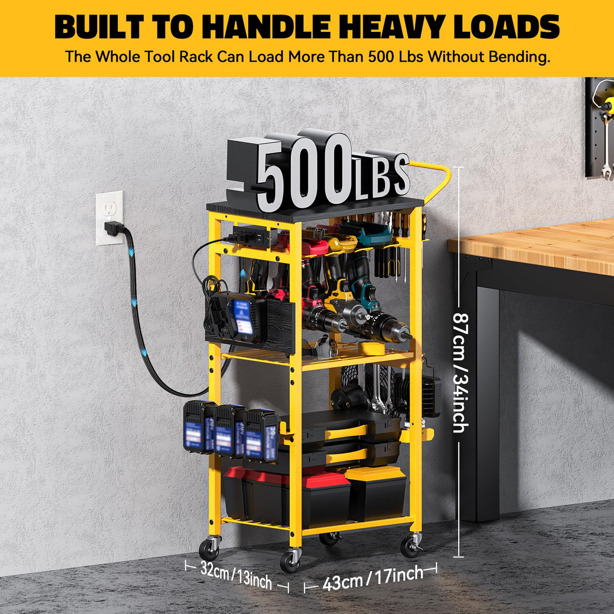 Workbench with Pegboard for DeWalt Tools, Ferreteriai Work Bench Power Tools Organizer Cart Garage Storage with Wheels & Power Outlets, Large Utility Racks Shelf Birthday Gifts for Men Husband Dad Ferreteriai