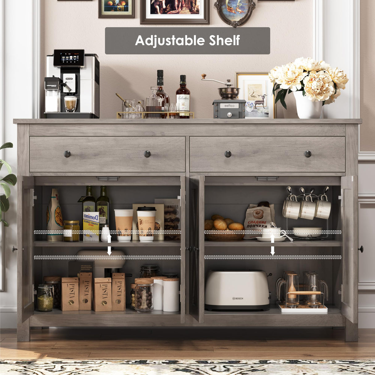 FOTOSOK Sideboard Buffet Cabinet with Storage, 55" Large Kitchen Storage Cabinet with 2 Drawers and 4 Doors, Wood Coffee Bar Cabinet Buffet Table for Kitchen Dining Room, Ash Grey FOTOSOK