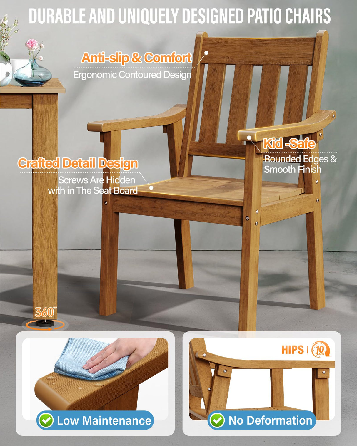 YEFU HIPS Patio Table Set: 7 Piece Outdoor Table and Chairs Dining Furniture Set with Umbrella Hole - Teak Modern Plastic Dining Sets 6 Person for Outside Deck with Metal Aluminum Frame YEFU