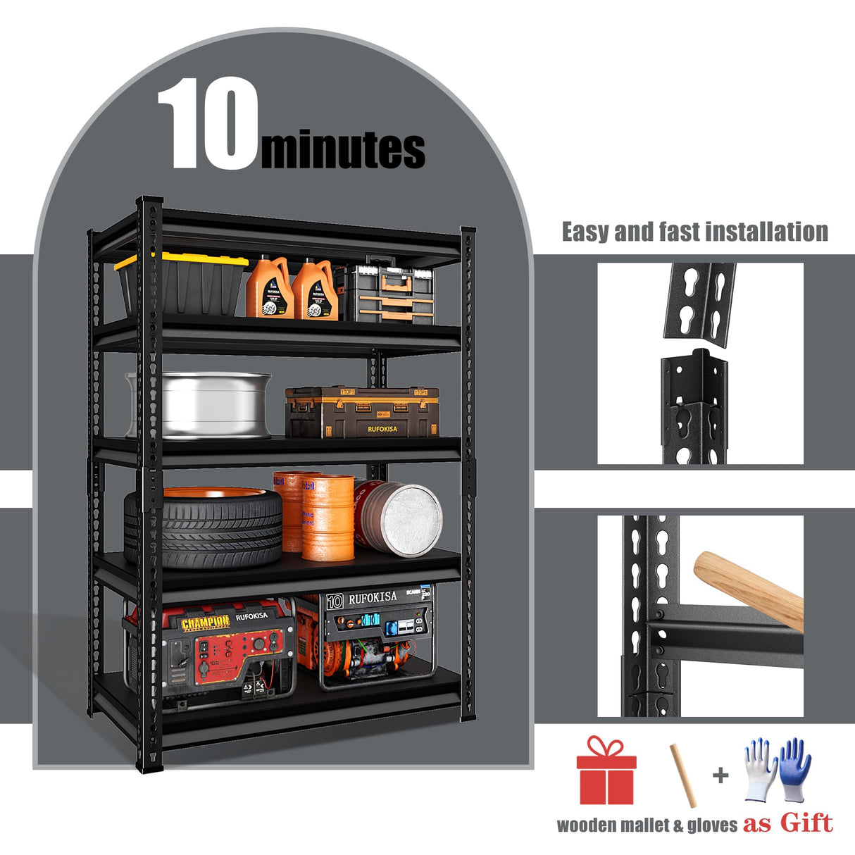 Rufokisa 5-Tier Garage Shelving Heavy Duty, 72" Metal Shelving Unit - 2250 lbs Load Capacity, 40"W x 18"D x 72"H (Black) Rufokisa