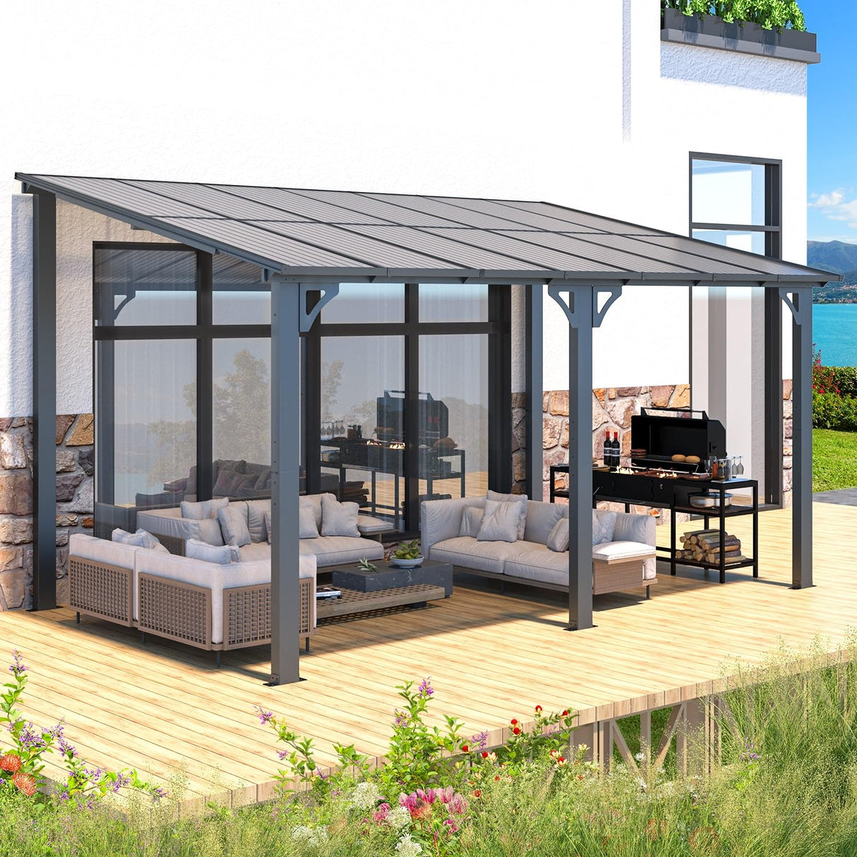 AECOJOY 14' x 8' Gazebo Outdoor Pergola for Patio, Hard Top Lean to 8x14 Gazebo Shelter Pergolas and Gazebos Clearance with Patio Roof, Large Wall-Mounted Heavy Duty Awnings for Patio, Decks, Backyard AECOJOY