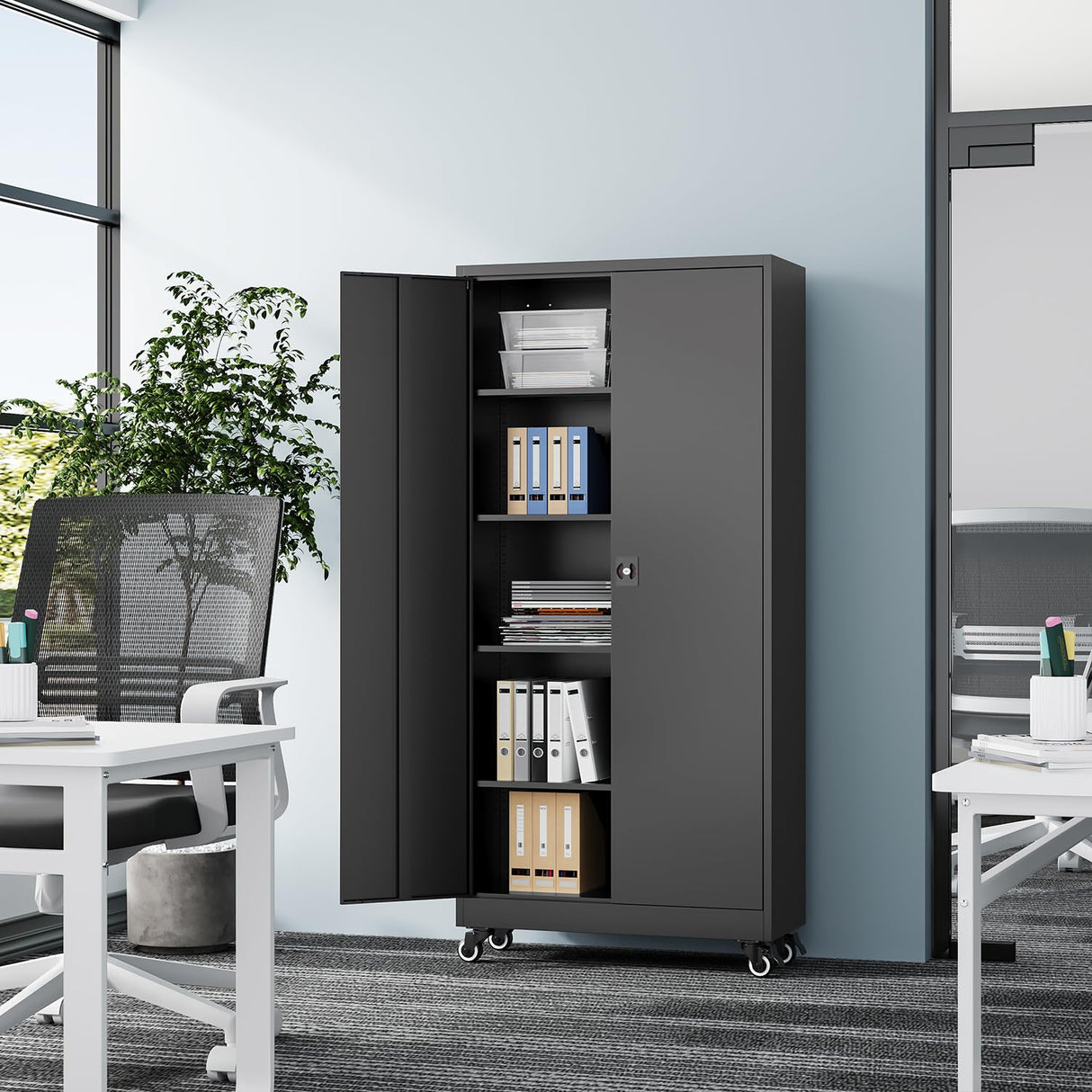 Fesbos Metal Rolling Storage Cabinet-74.6” Tall Steel File Cabinets with Wheels Lockable Doors and Adjustable Shelves-Black Steel Storage Cabinet for Home, School, Office, Garage Fesbos