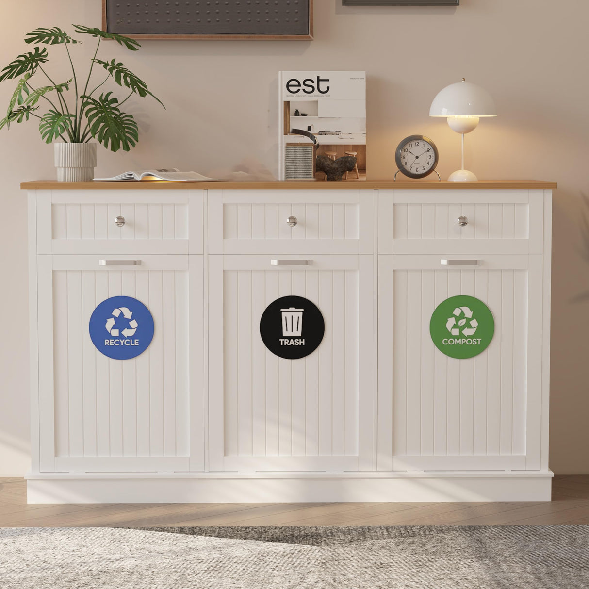 JassmiPkwy Triple Tilt Out Trash Can Cabinet 30 Gallon, 3 in 1 Garbage Can Recycling Cabinet, 59 INCH Trash Recycling Compost with 3 Drawer, Wooden, Dog Proof Trash Can Cabinet JassmiPkwy