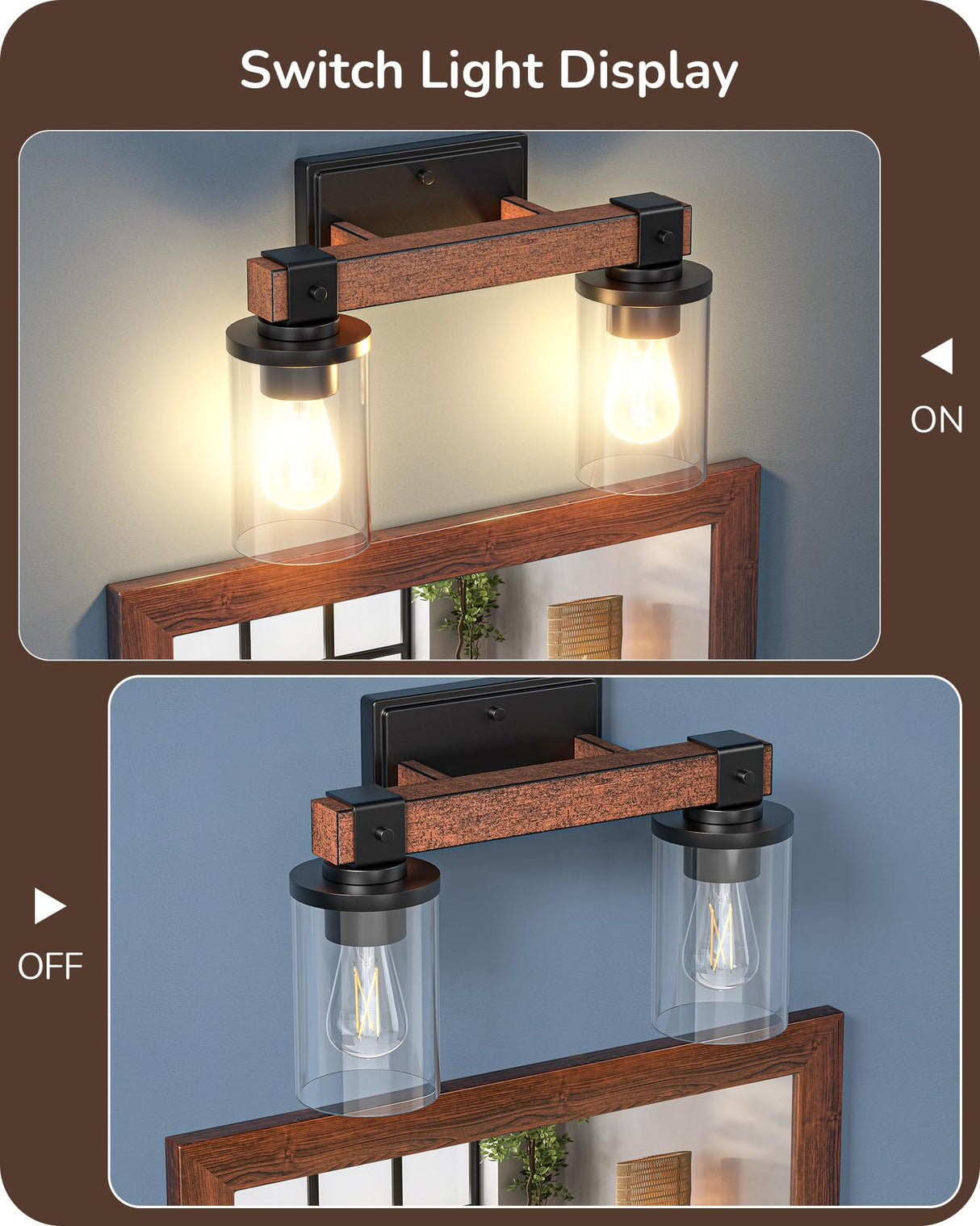 EDISHINE Farmhouse Vanity Lights for Bathroom, 2-Light Bathroom Vanity Light Fixtures Over Mirror, Painted Wood Bath Wall Sconces Lamp with Clear Glass Shade for Bathroom, Powder Room EDISHINE