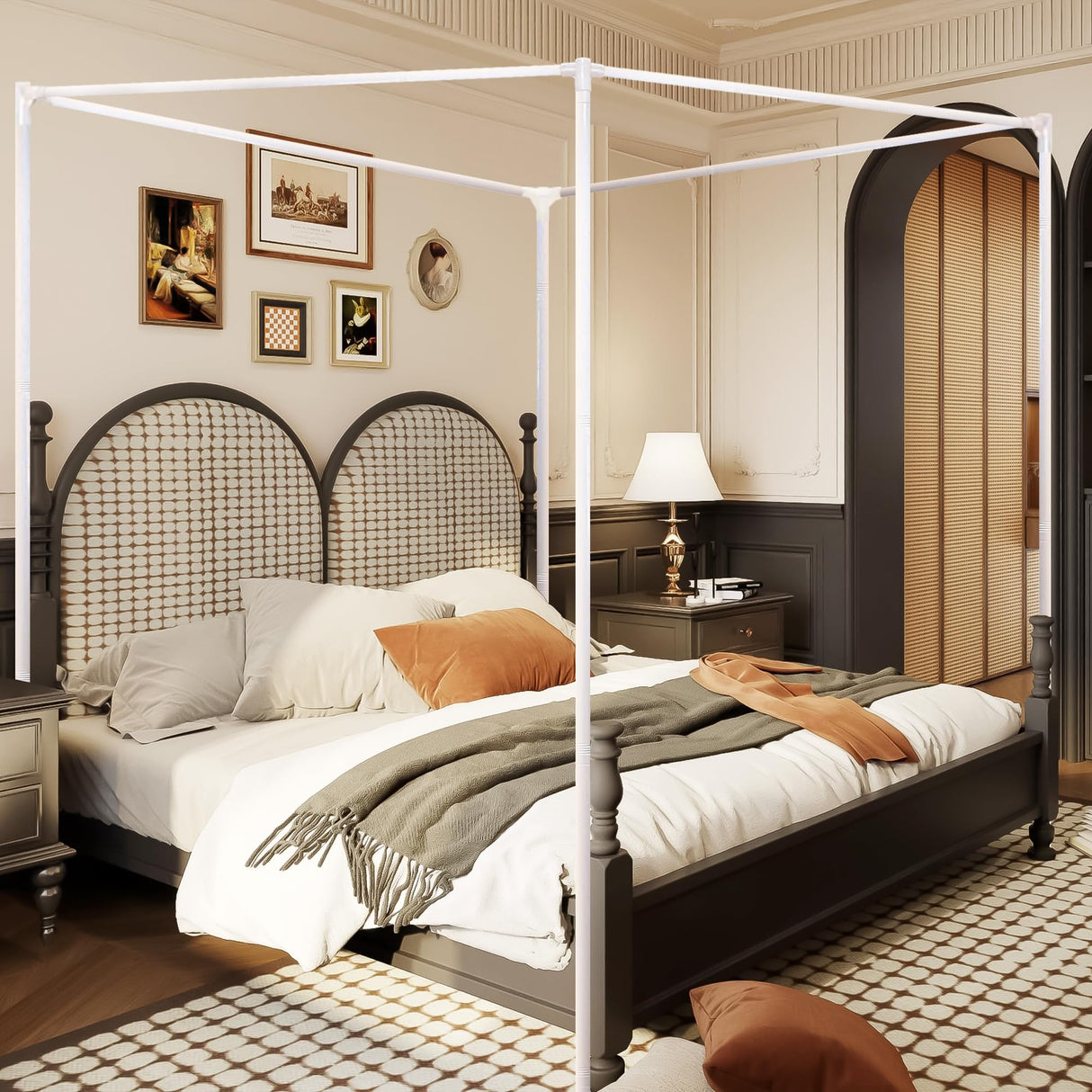 King Canopy Bed Frame, Stainless Steel Metal Size, Sturdy Post Poles Thicken Frame for Wood Bedroom Decor, White Mosqutent