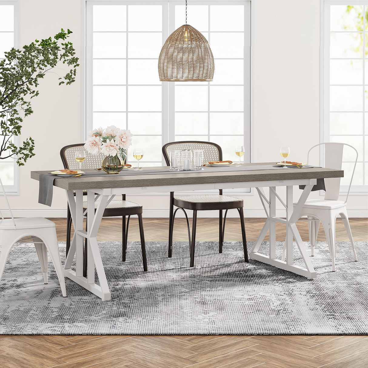 Tribesigns Farmhouse Dining Table for 6 People, 70.8-Inch Rectangular Wood Dining Table, Rustic Kitchen Table with Heavy Duty Metal Legs for Dining Room(Grey) Tribesigns