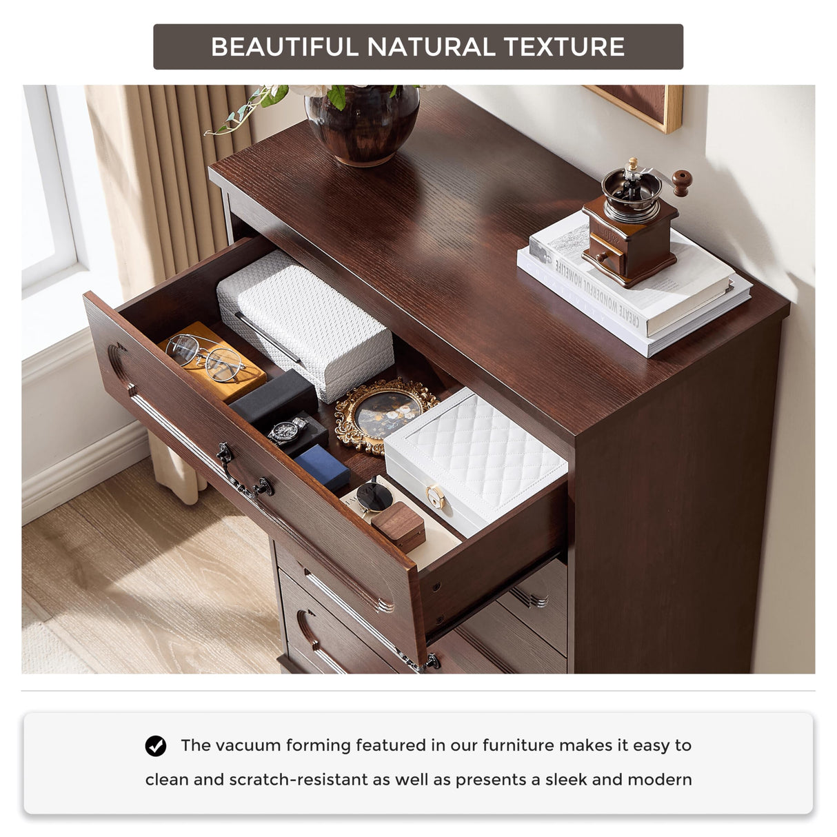 LIDYUK 5 Drawer Dresser for Bedroom Farmhouse Cherry Wood Chest of Drawers for Bedroom Dresser, Rustic 46" Tall Wide Drawers Dressers Wooden Closet Storage Cabinet, Hallway, Living Room LIDYUK