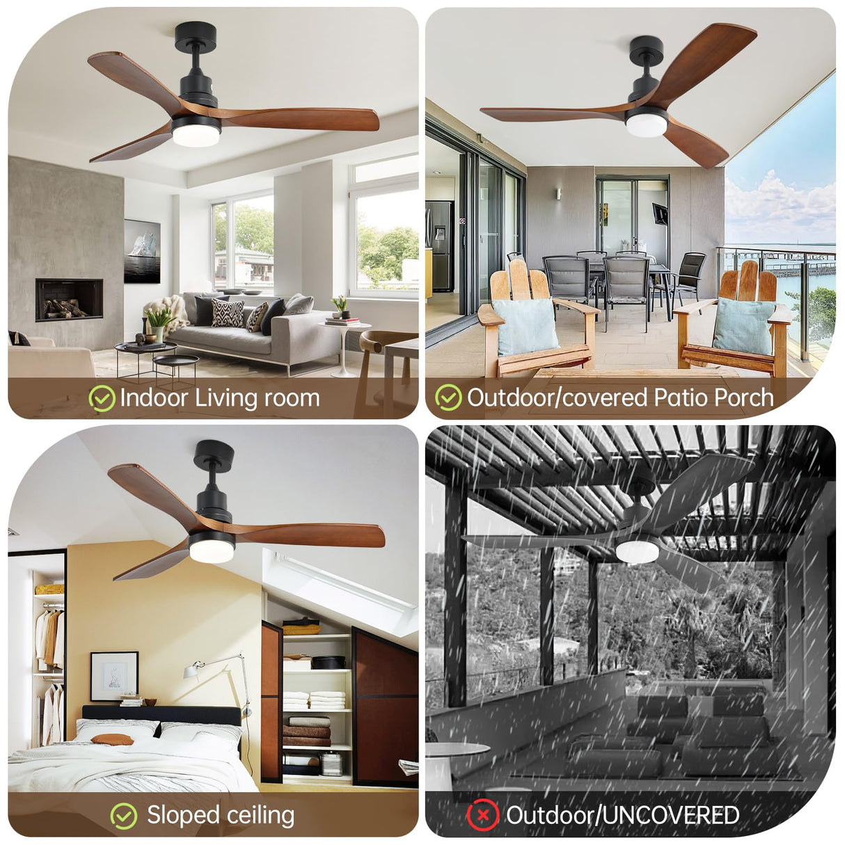CACI Mall 52" Wood Ceiling Fan with Lights,Walnut,Remote Control, Outdoor,3 Blades, 35w Quiet Reversible DC Motor 18w Dimmable LED 5032 CFM for Living Room, Bedroom, Patio, Porch CACI Mall