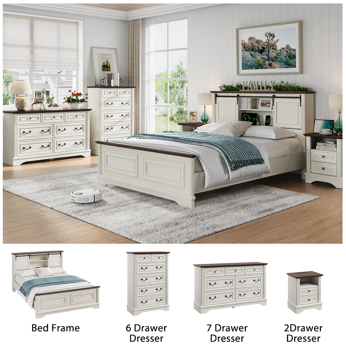 BLANKSPACE Antique White Queen Size Bed Frame with Storage Headboard, Charging Station, Bracket Footboard, Farmhouse Bed Frame with Bookcase and Sliding Barn Doors, Noiseless,No Box Spring Needed BLANKSPACE