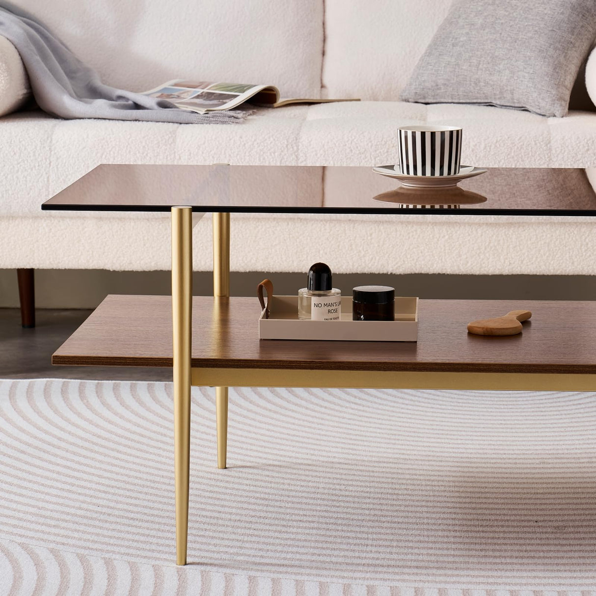 LumFurn Rectangle Coffee Table, Mid-Century Modern Design, L41 W21 x H17, for Living Room, 2-Tier Structure, Amber Glass Top and Walnut MDF Shelf, Sleek Conical Metal Legs with Gold Finish LumFurn