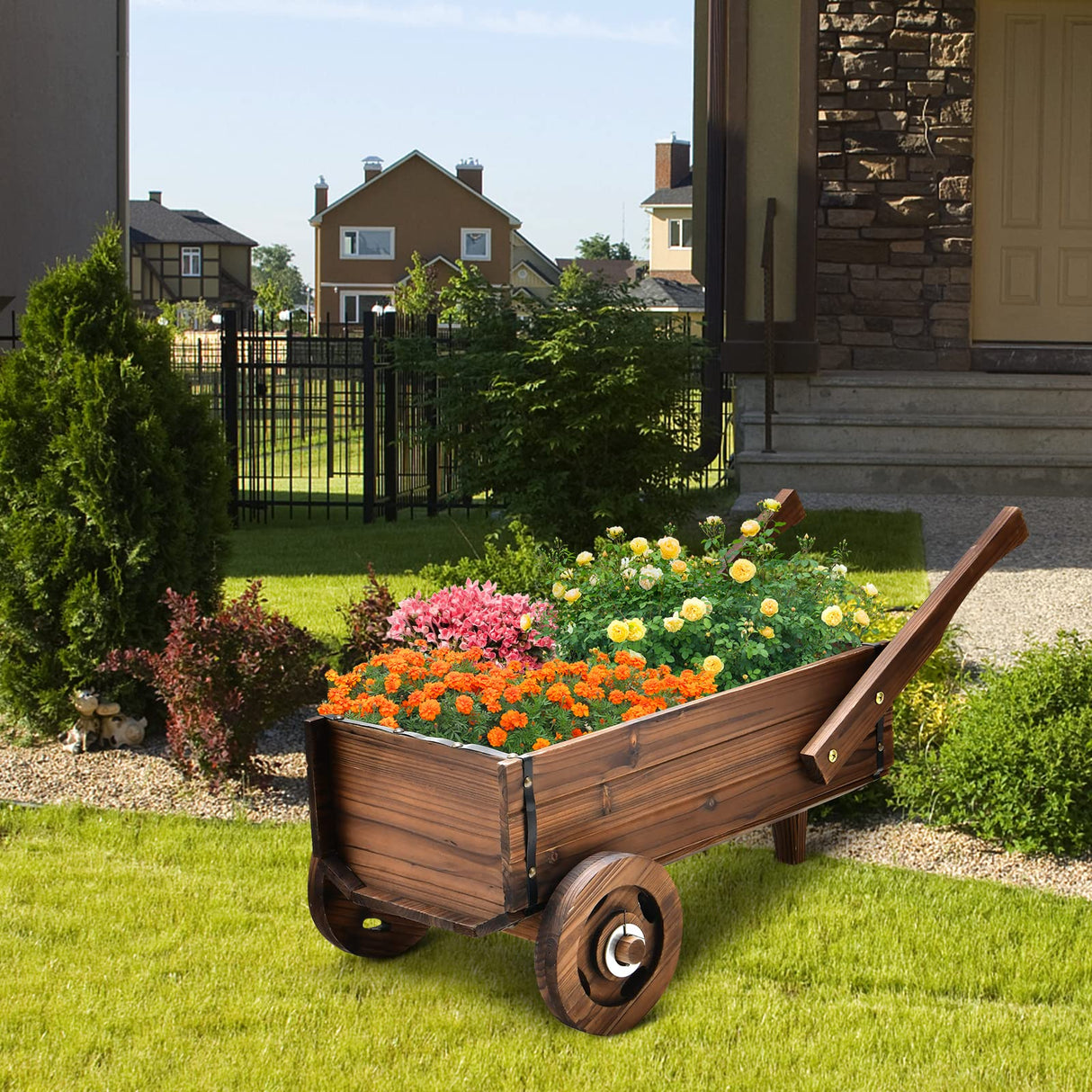 Giantex Wooden Wagon Planter Box, Decorative Wagon Cart with Wheels, Handles, Drainage Hole, Flower Planter Pot Stand, Rustic Flowerpot Planter, Indoor & Outdoor Garden Patio Balcony Giantex