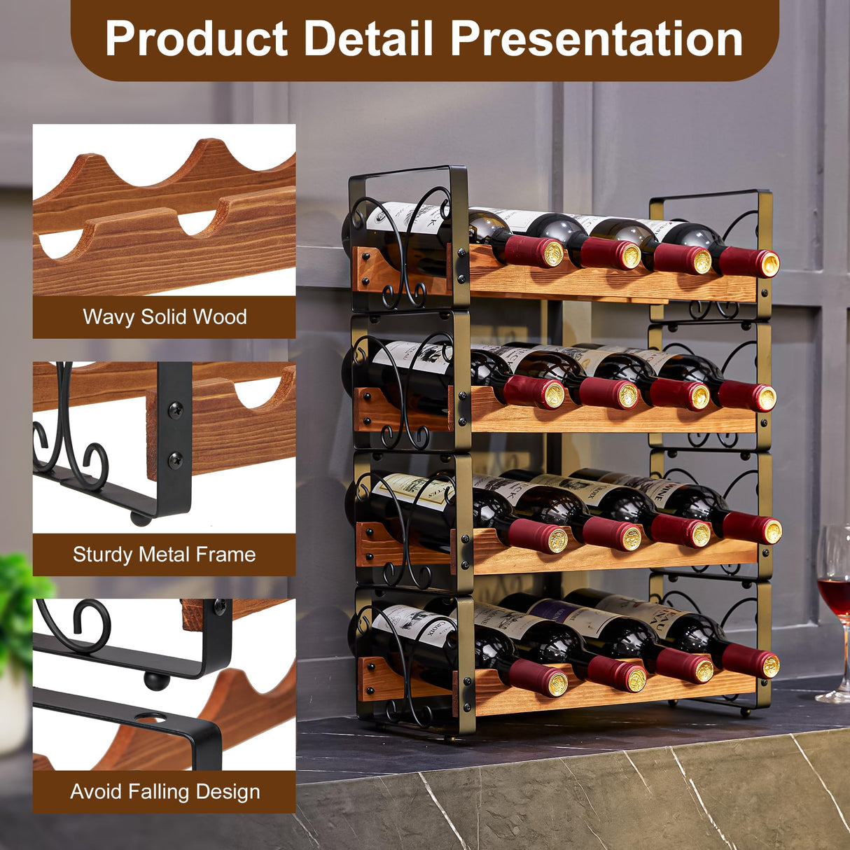 Stackable Wine Rack for 16 Bottles, 4 Tier Wine Storage Cabinet Shelf, Freestanding Wine Organizer with Patent Design, Wooden & Iron Bottles Holder for Kitchen Counter or Bar, Wine Display Shelf X-cosrack