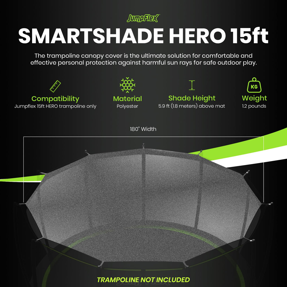 JumpFlex SMARTSHADE Soft Outdoor Trampoline Shade Canopy Cover for Sun Protection, Compatible with Hero 15' Model ONLY, Trampoline NOT Included, Black Jumpflex