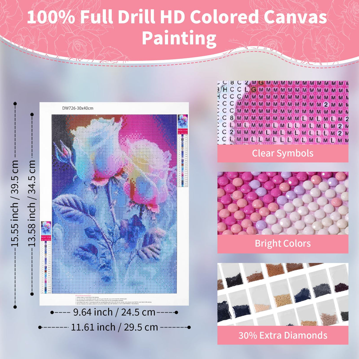 12"x16" Large Diamond Art Kit for Adults: Elegant Rose Flower Round Drill Painting - 5D Full Drill Diamond Art Flowers Beginner DIY Craft with Extra 30% Diamonds (Red and Blue Roses) Generic