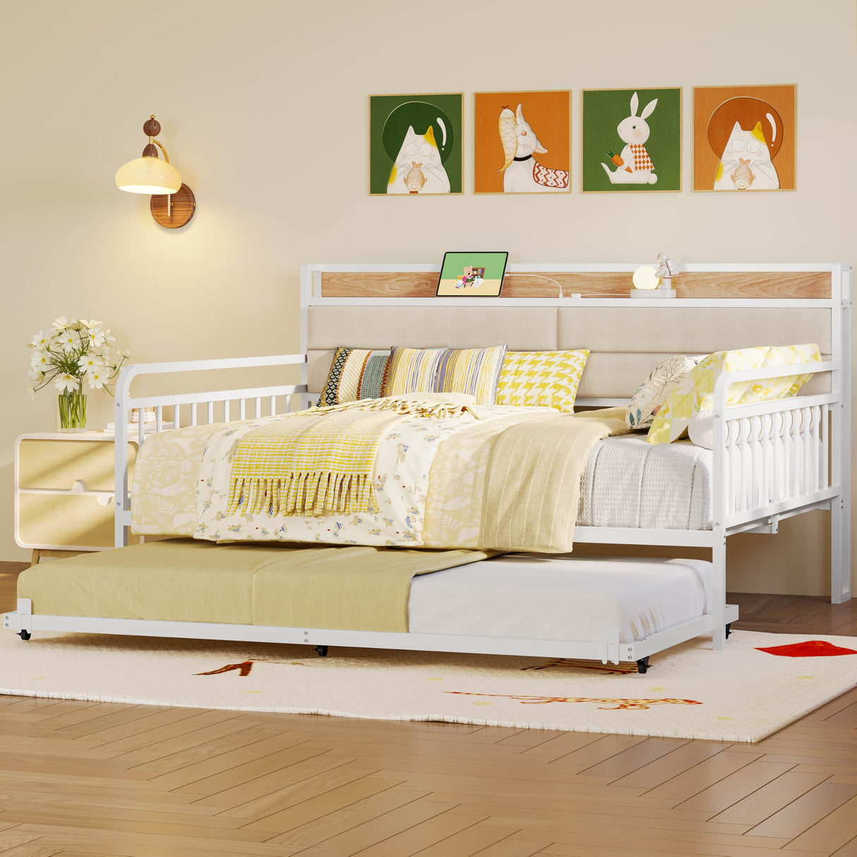 LIKIMIO Daybed with Trundle, Sturdy Metal Full Size Bed Frame with Upholstered Headboard and Charging Station for Living Room, Bedroom and Guest Room, White LIKIMIO