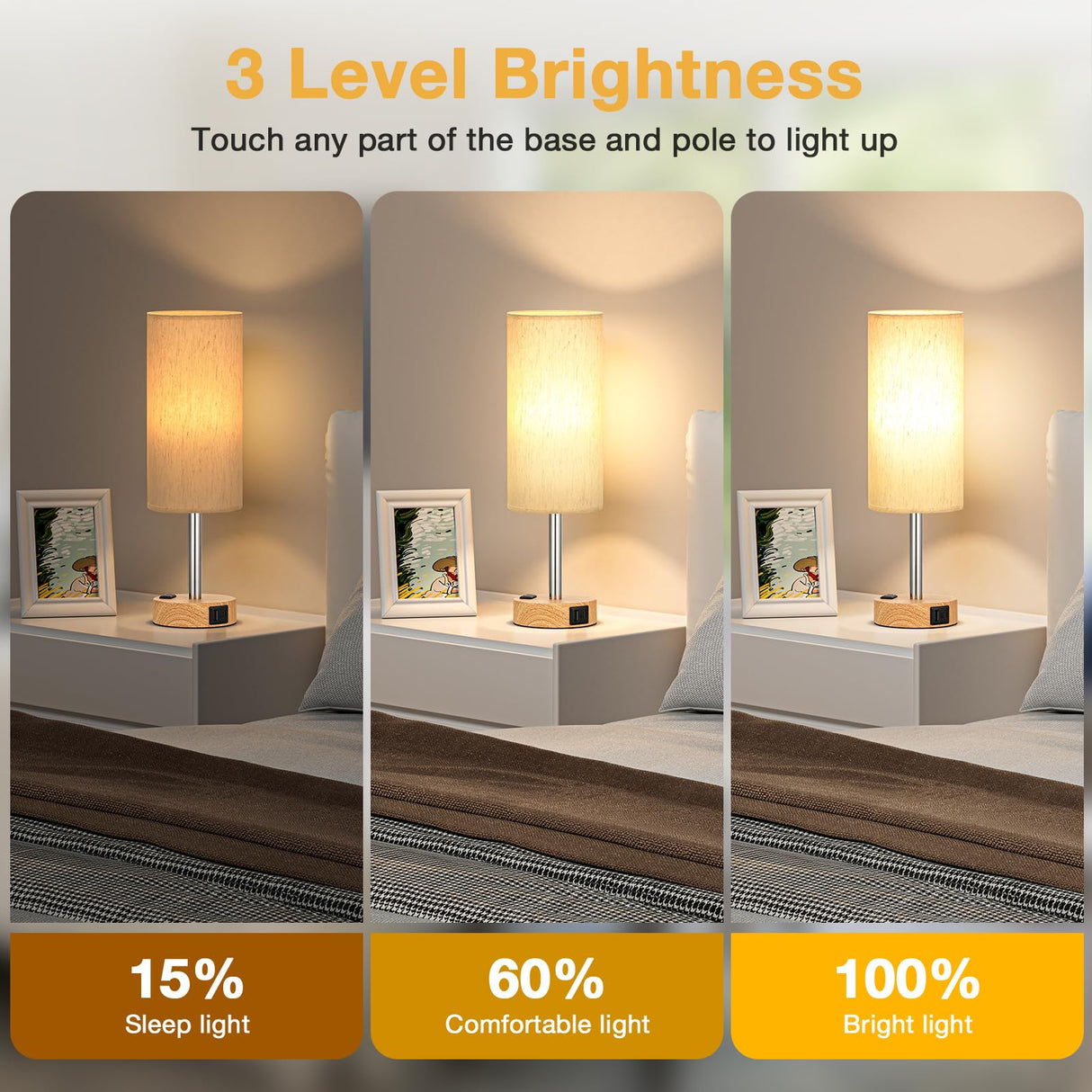 Touch Bedside Table Lamps Set - 3 Way Dimmable Bedroom Lamps Set of 2 with USB C and A Ports, Small Lamps for Nightstand with AC Outlet, Wood Base Round Flaxen Shade for Desk, Office, Dorm, Nursery PartageiZ