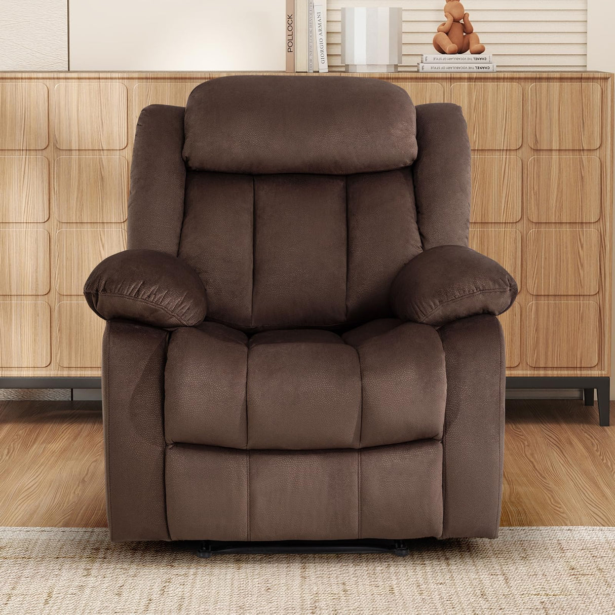 INZOY Manual Recliner Chair with Padded Armrest, Wall-Hugger Single Sofa Recliners with Overstuffed Back, Classical Fabric Reclining Chairs for Living Room Theater Seating, Brown INZOY