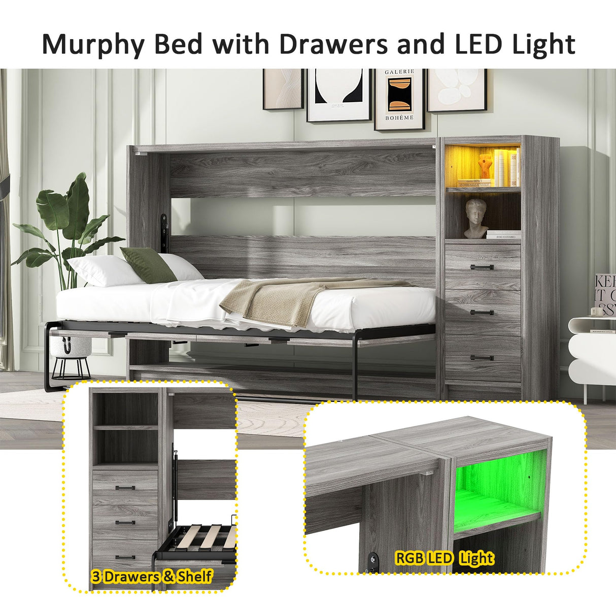 Twin Horizontal Murphy Bed with Storage & LED Lighting,Wood Space-Saving Hideaway Folding Farmhouse Murphy Wall Bed Cabinet for Adults (Grey,Twin w/Storage) MERITLINE