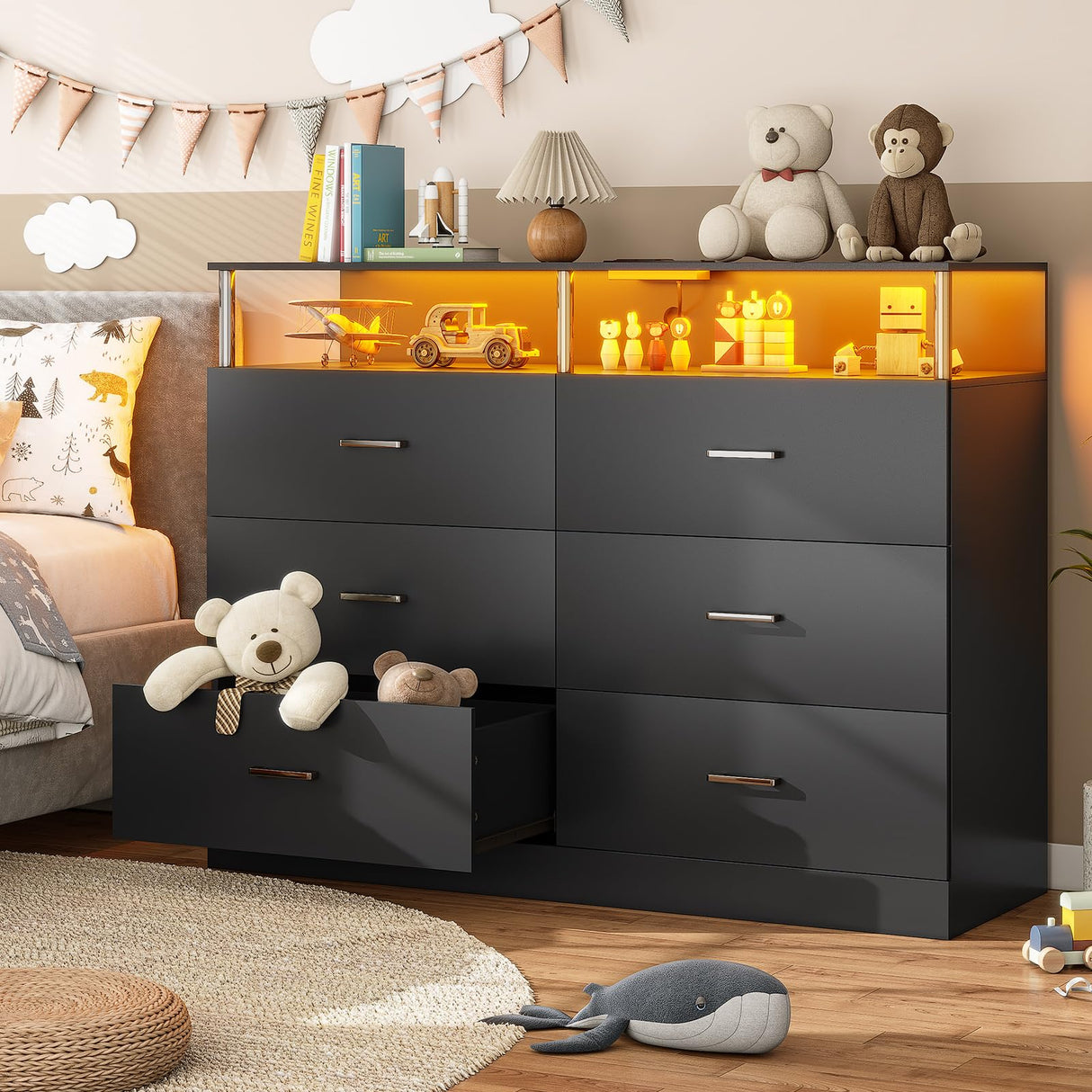 AOGLLATI Black Dresser for Bedroom with 6 Drawers, Dressers & Chests of Drawers with Column Design & Charging Station, Modern Bedroom Led Wide Dresser for Bedroom Closet AOGLLATI