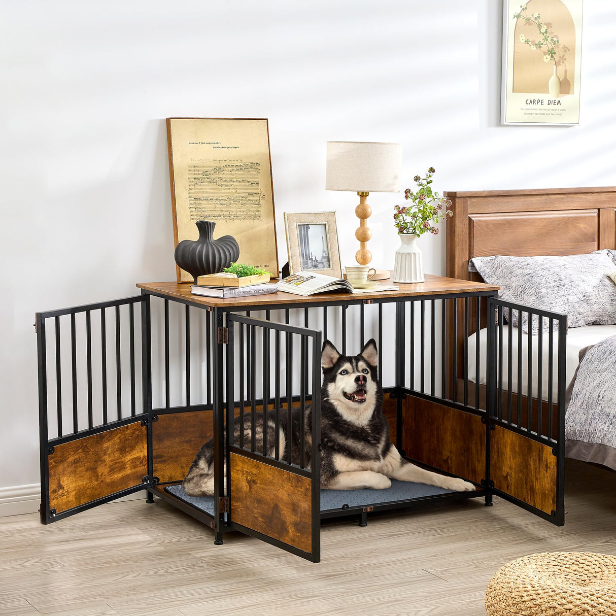 KOOPRO 43.7" Inch Dog Crate Furniture with Cushion for Large Dogs, Wooden Heavy Duty Dog Kennel with Double Doors Indoor, Decorative Pet House Dog Cage Side End Table, Rustic Brown KOOPRO