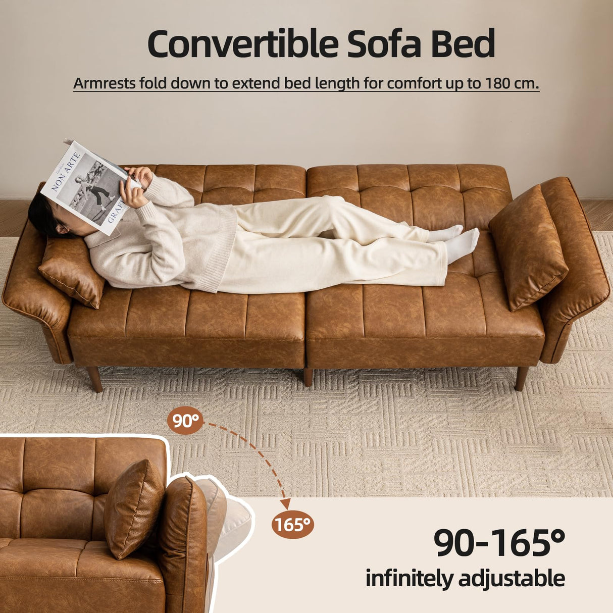 HALLYBEE 85” Futon Sofa Bed, Sleeper Sofa, Small Couch with Storage Adjustable Armrests Pillows, Faux Leather Loveseat, Mid Century Modern Couches for Living Room, Bedroom, Apartment, Brown HALLYBEE