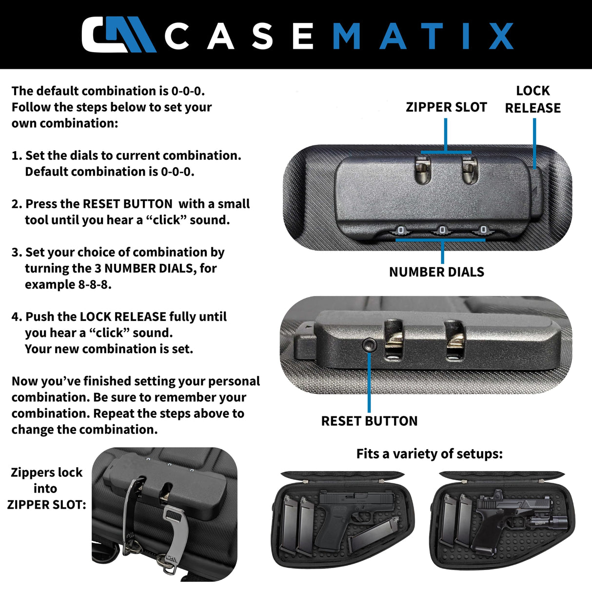 CASEMATIX Locking Pistol Case Fits Small to Large 9mm Pistols with Room For Extra Clips and Attachments- Portable EVA Gun Rug Handgun Case with Snap In Zippers, Water Resistant, Shoulder Strap CASEMATIX