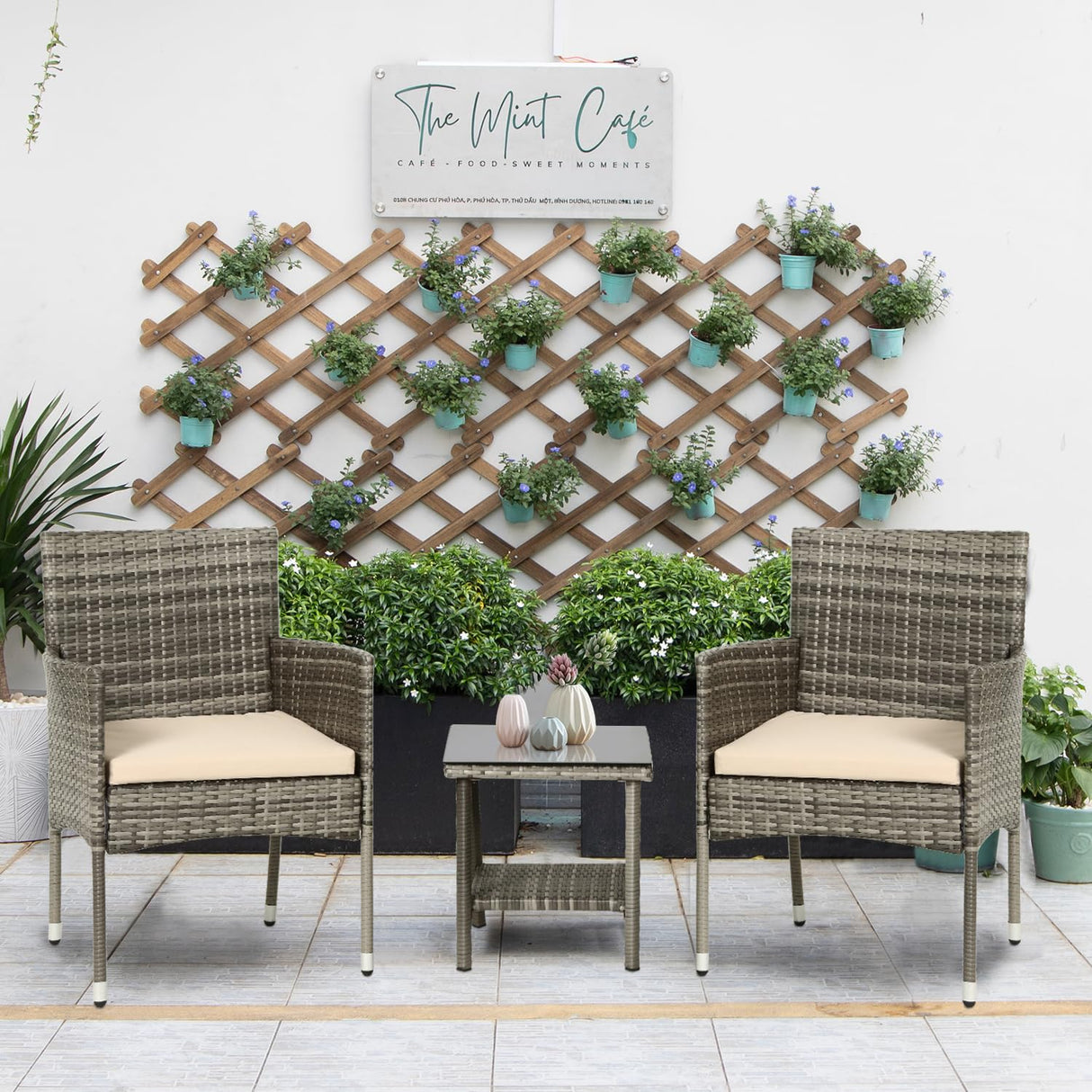 PayLessHere Set of 3 Outdoor Furniture Set Patio Furniture Set Gray Conversation Set with 2 Rattan Chairs Glass Coffee Table for Coffee Bar Poolside Patio Outdoor, Khaki Cushions PayLessHere