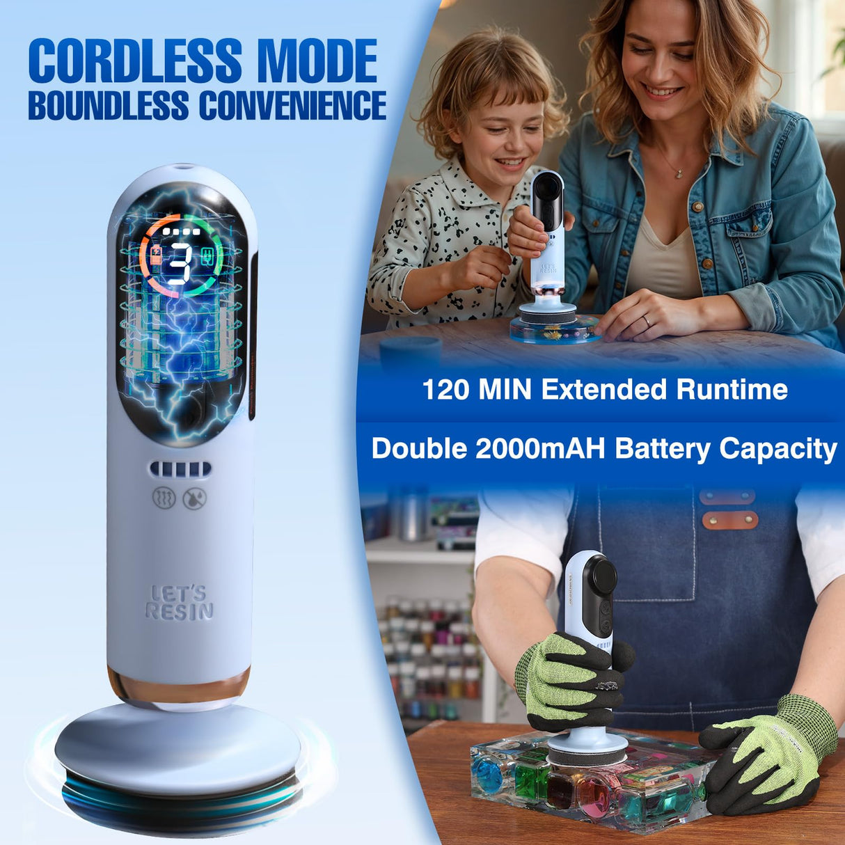 LET'S RESIN 4-in-1 Electric Resin Sanders and Polisher, 2000mAh*2 Large Battery Capacity, Powerful 3-Speed, LCD Display, Compact and Lightweight for Resin Grinding, Glass, Metal, Jade,etc LET'S RESIN