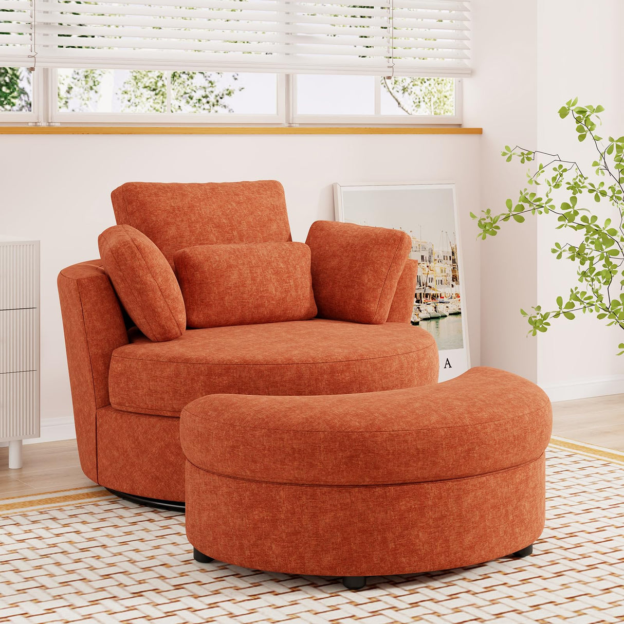 JEEOHEY Oversized Swivel Accent Chair with Half Moon Storage Ottoman, 42" W Chenille Round Swivel Barrel Chair, Modern Upholstered Comfy Single Sofa Armchair for Living Room, Bedroom, Club(Orange) JEEOHEY