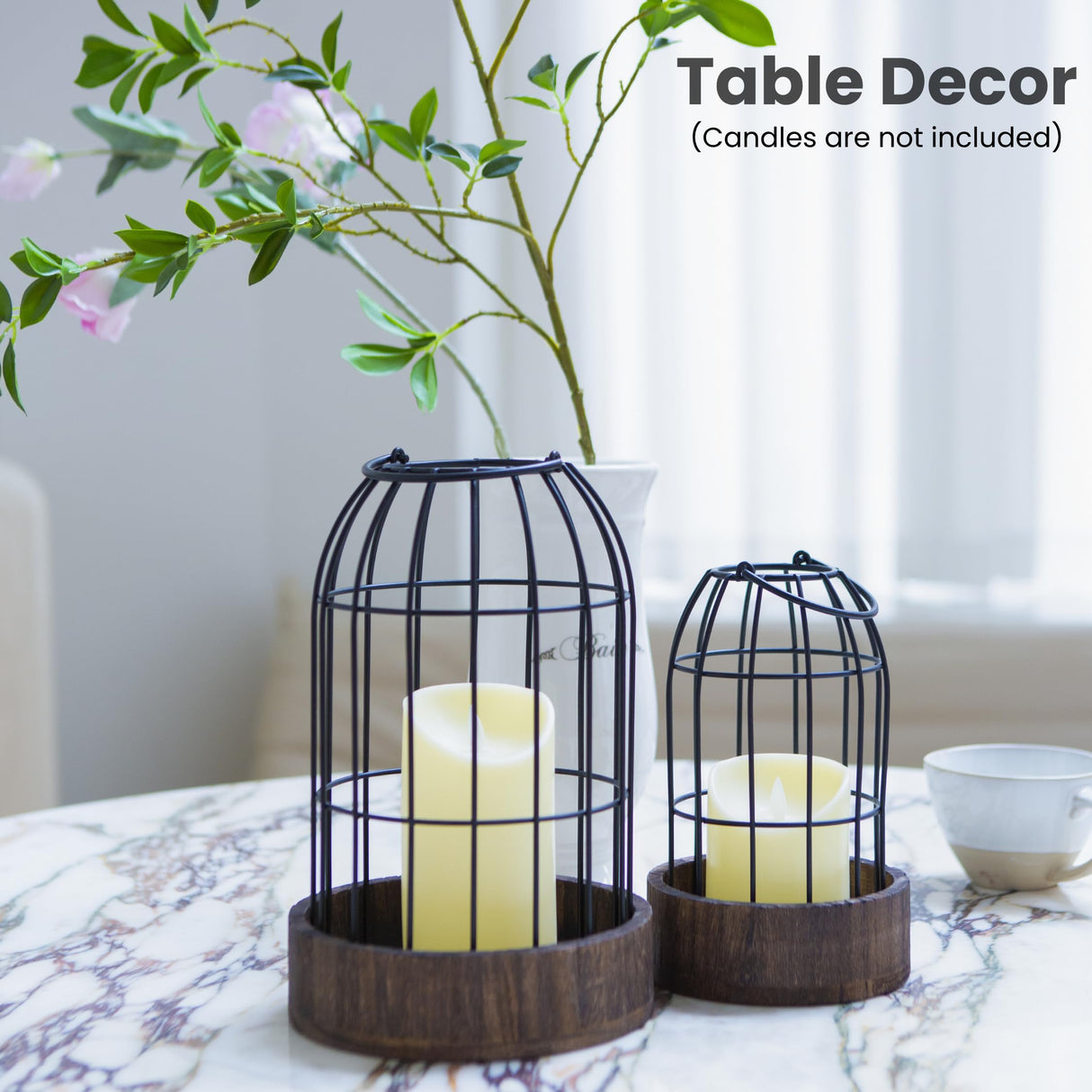 Perfnique Decorative Candle Lantern, Set of 2 Farmhouse Table Lanterns for Home Decor, Rustic Table Centerpieces for Dining Room, Fireplace Mantle Kitchen Decoration (Walnut) PERFNIQUE