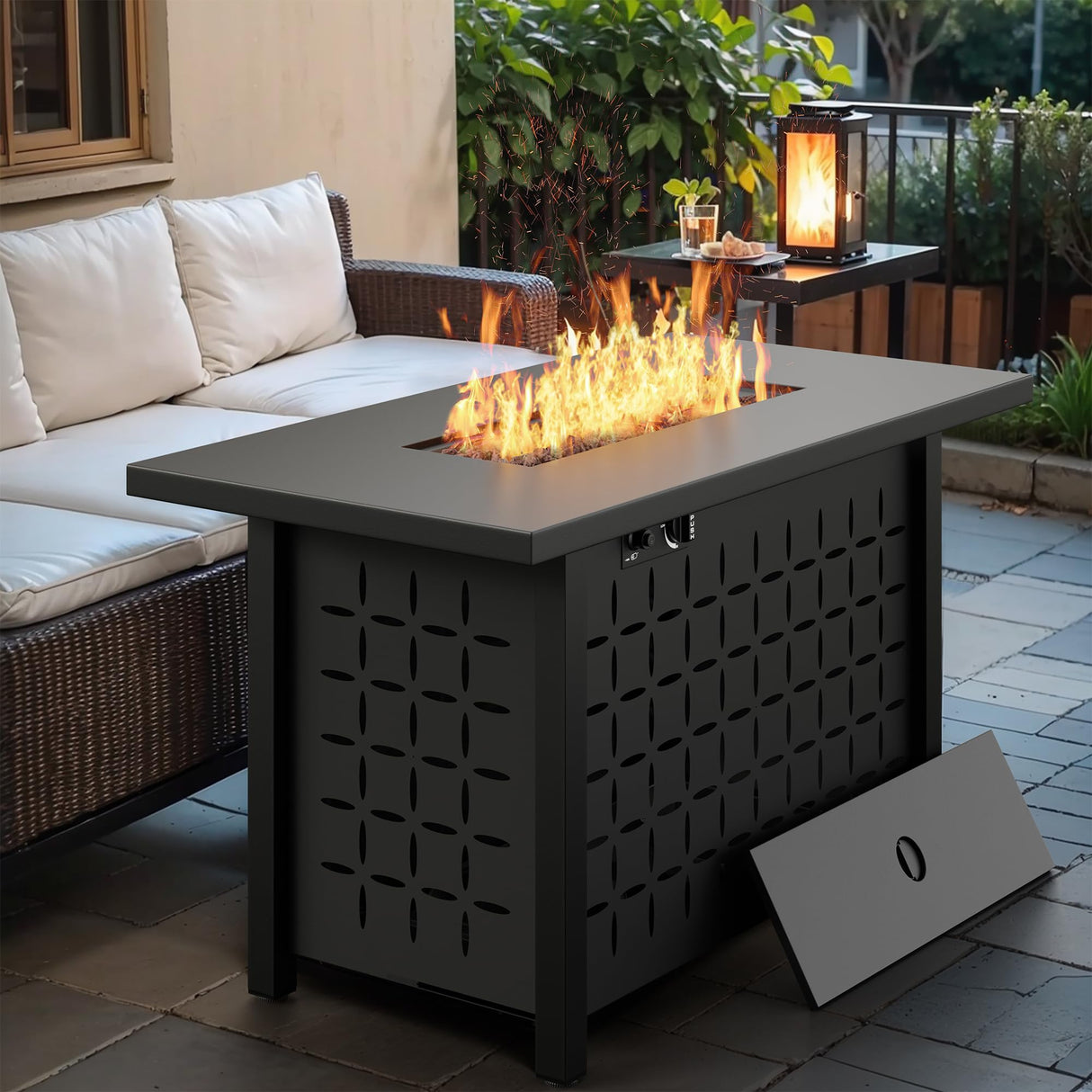Vongrasig 43 inch Gas Fire Pit Table, 50,000 BTU Outdoor Rectangular Propane Firepit Table with Lid, Lava Rock, 2 in 1 Firepit Table for Outside, Patio, Deck, Garden, Backyard Vongrasig